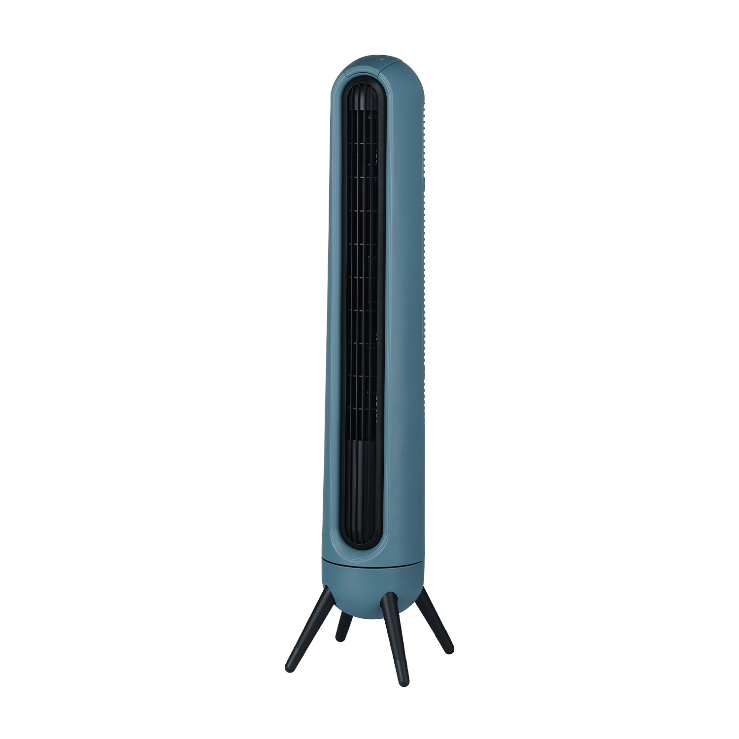 Un ventilatore blu alto con tre gambe nere, su sfondo bianco.