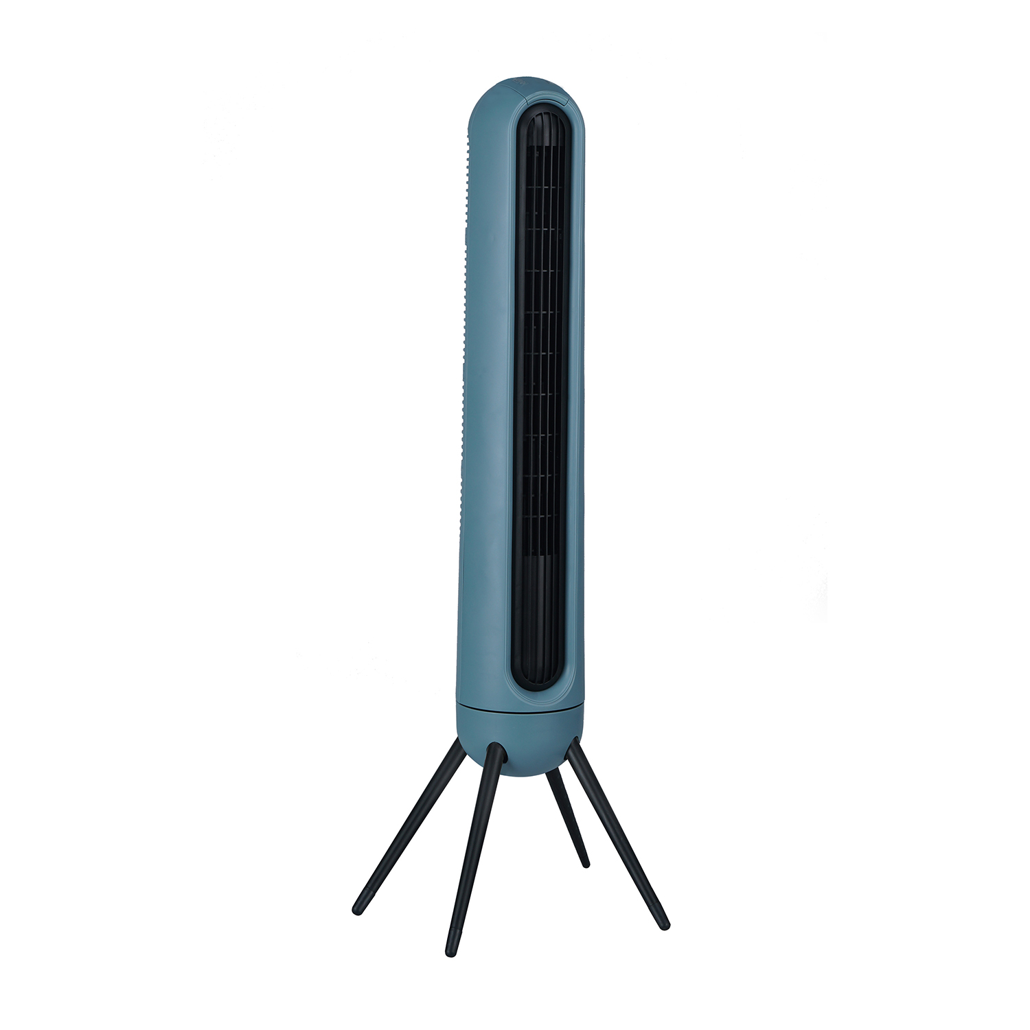 Un ventilatore a torre turchese con gambe nere, in piedi su sfondo bianco.
