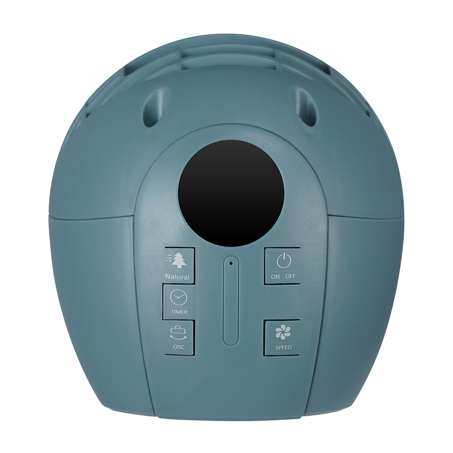 Un purificatore d'aria color turchese con pulsanti di controllo. Ha un display rotondo nero e pulsanti.