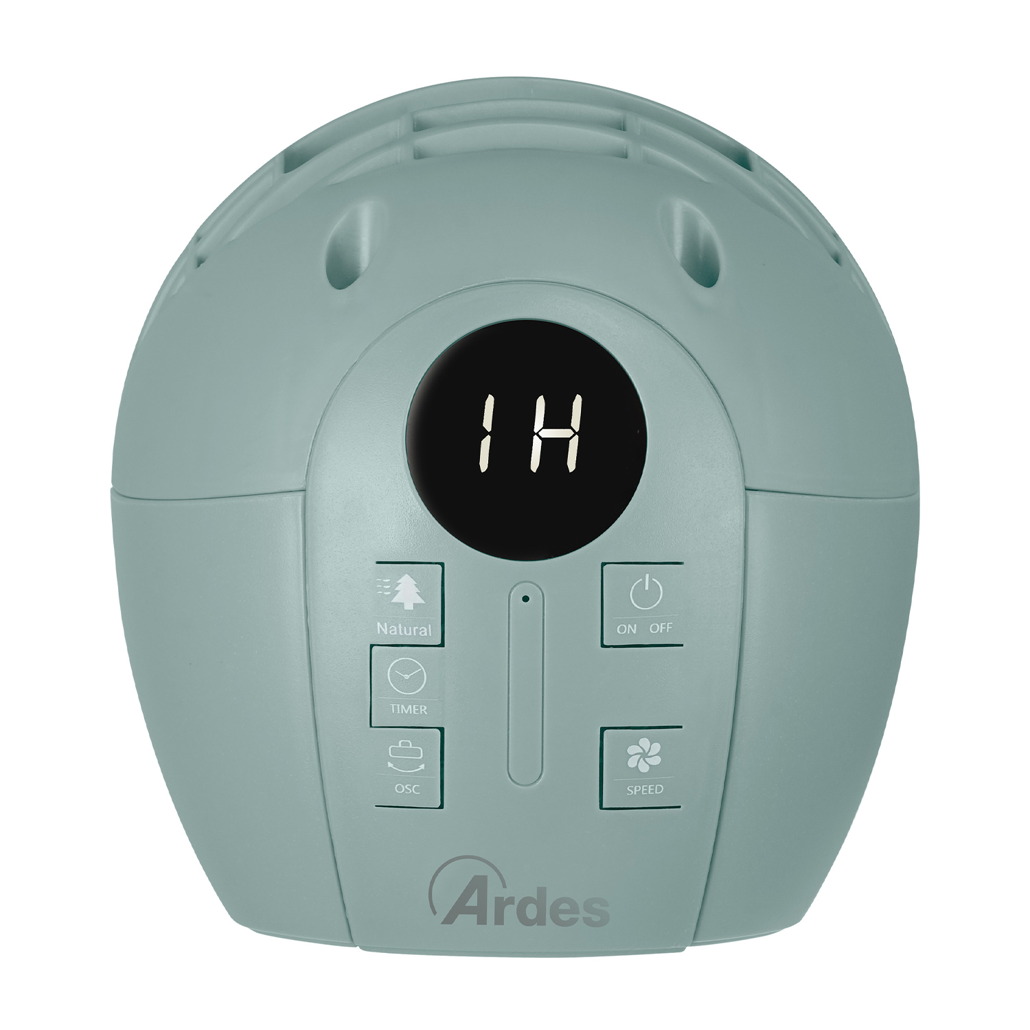 Un purificatore d'aria verde chiaro con pulsanti di controllo e un display digitale che mostra '14'.
