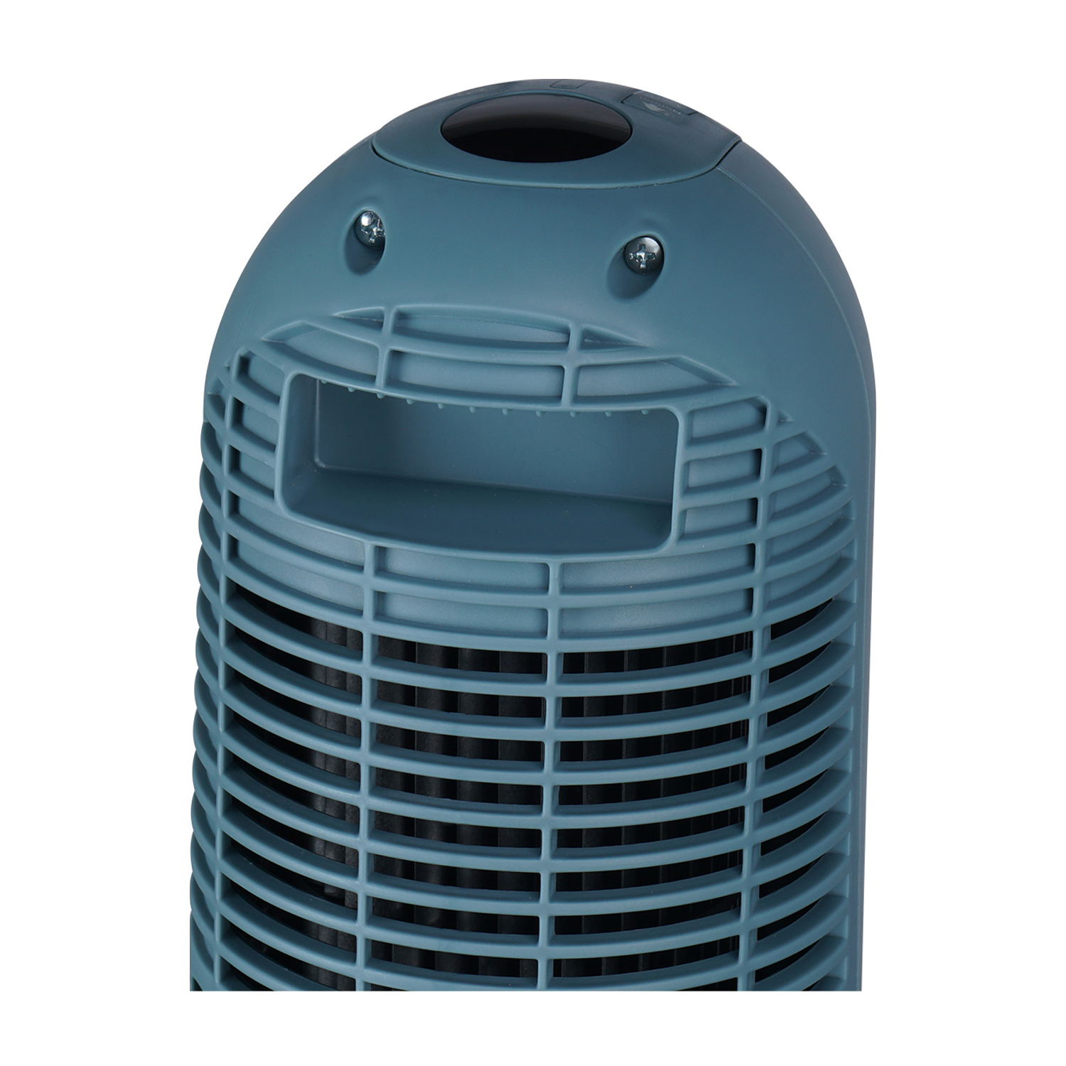 Ventilatore blu e grigio con una griglia.