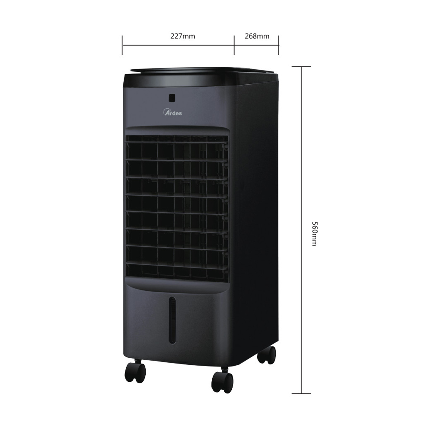 Un refrigeratore d'aria nero e grigio con dimensioni etichettate in mm.