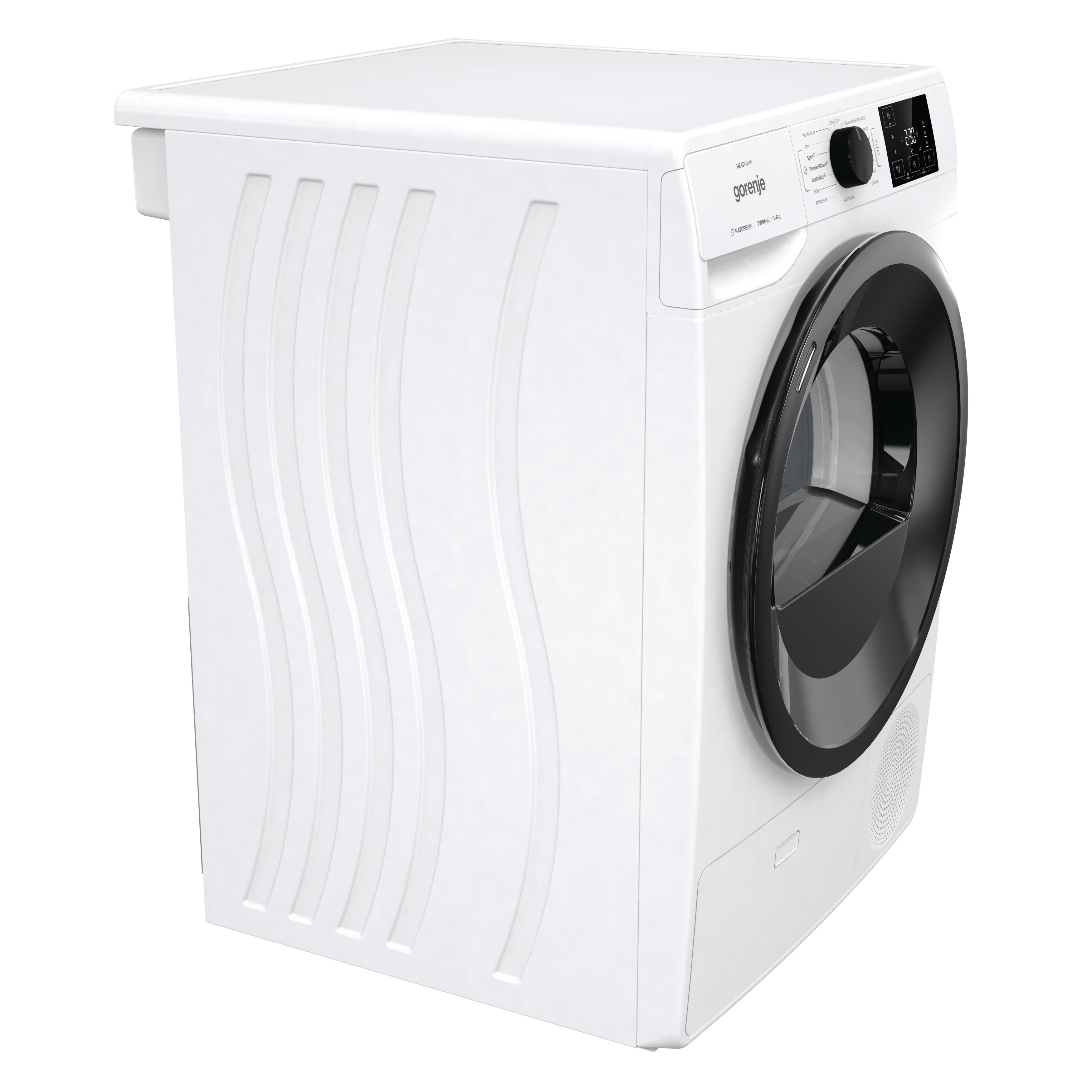 Weißer Gorenje Trockner mit schwarzer Tür und Bedienfeld, schräge Ansicht.