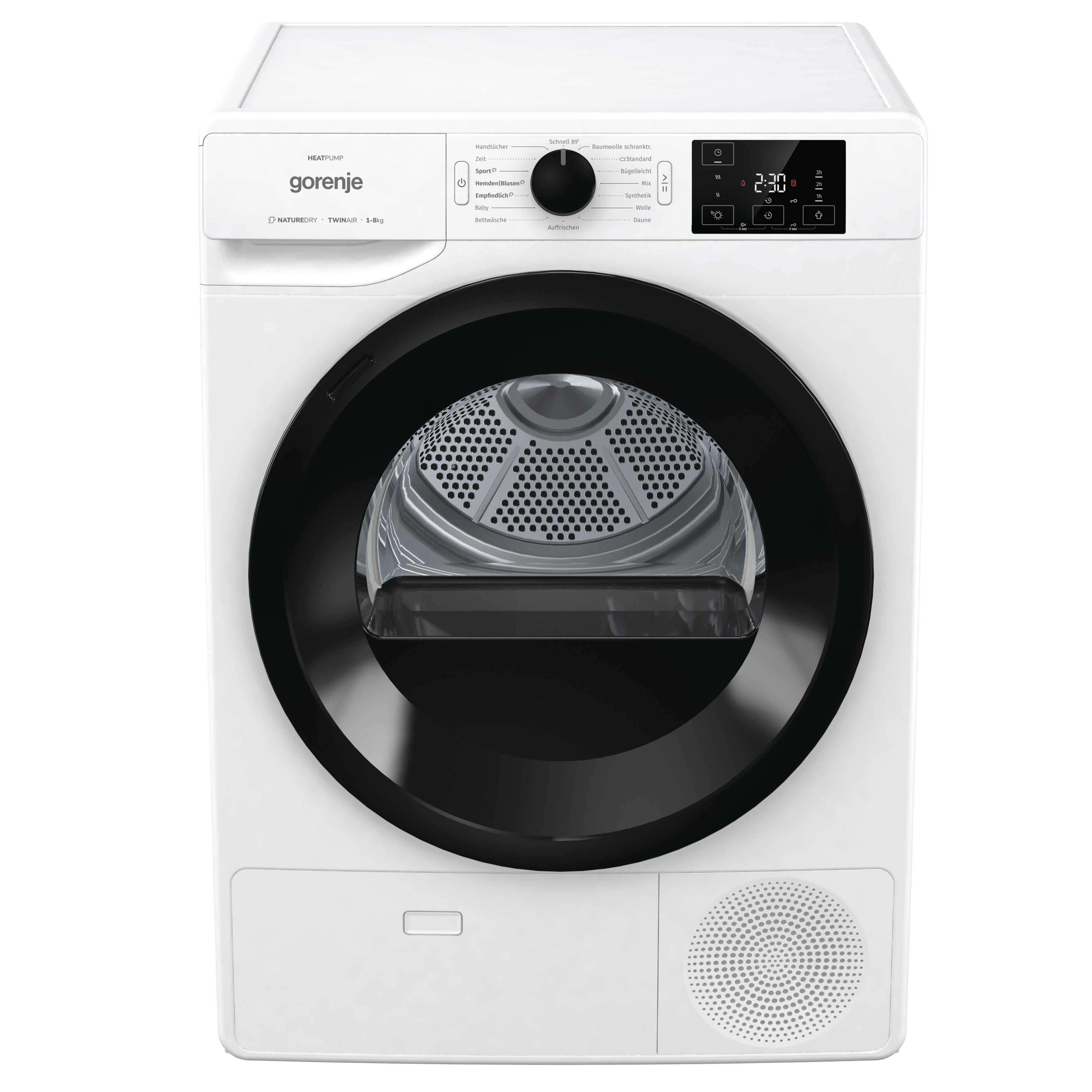 Ein weißer Gorenje-Wäschetrockner mit schwarzer Tür.