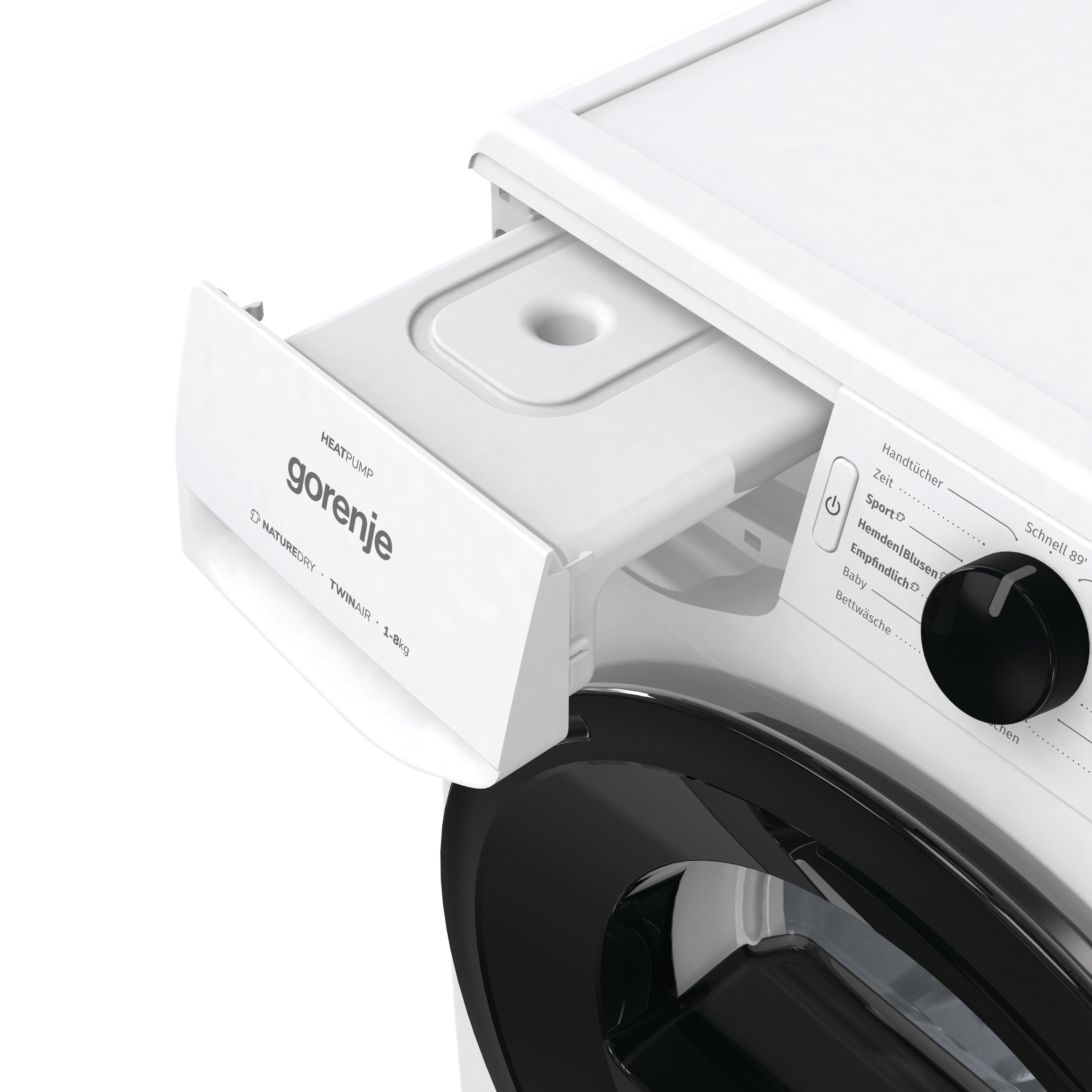Weiße Waschmaschine mit offener Schublade, Gorenje-Logo sichtbar.