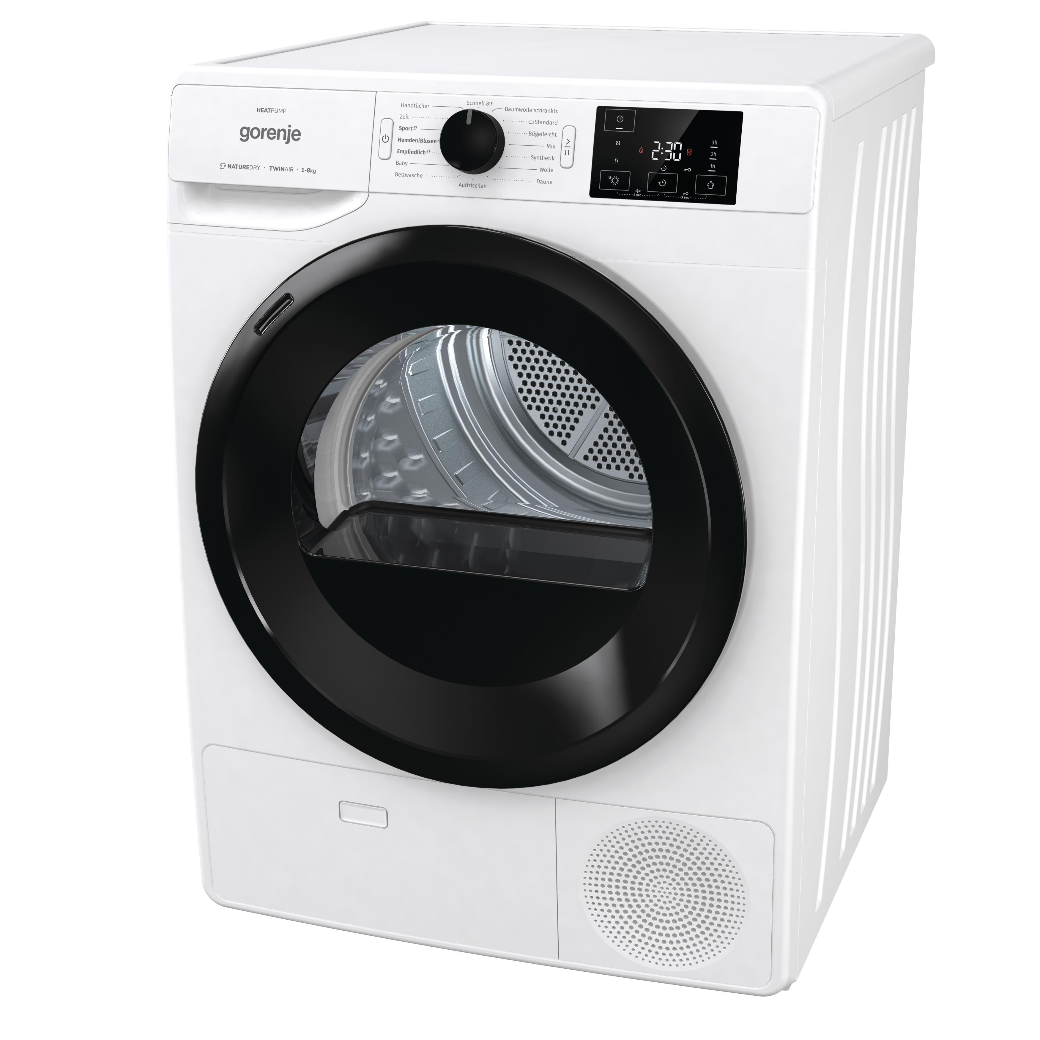 Weißer Gorenje-Wäschetrockner mit schwarzer kreisförmiger Tür und Digitalanzeige. Vorderansicht.