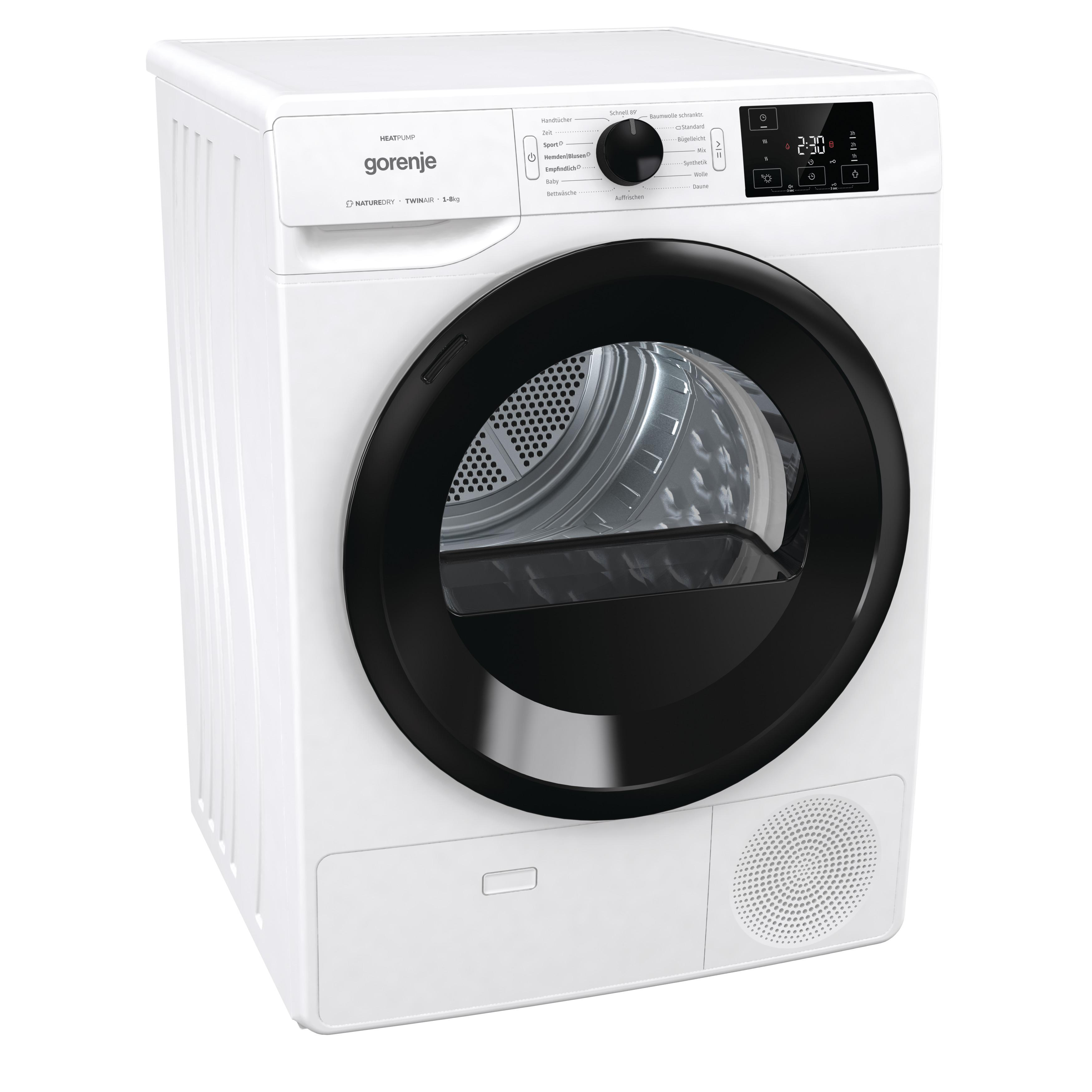 Ein weißer Gorenje Trockner. Er hat eine schwarze Tür und ein Bedienfeld mit digitaler Anzeige.