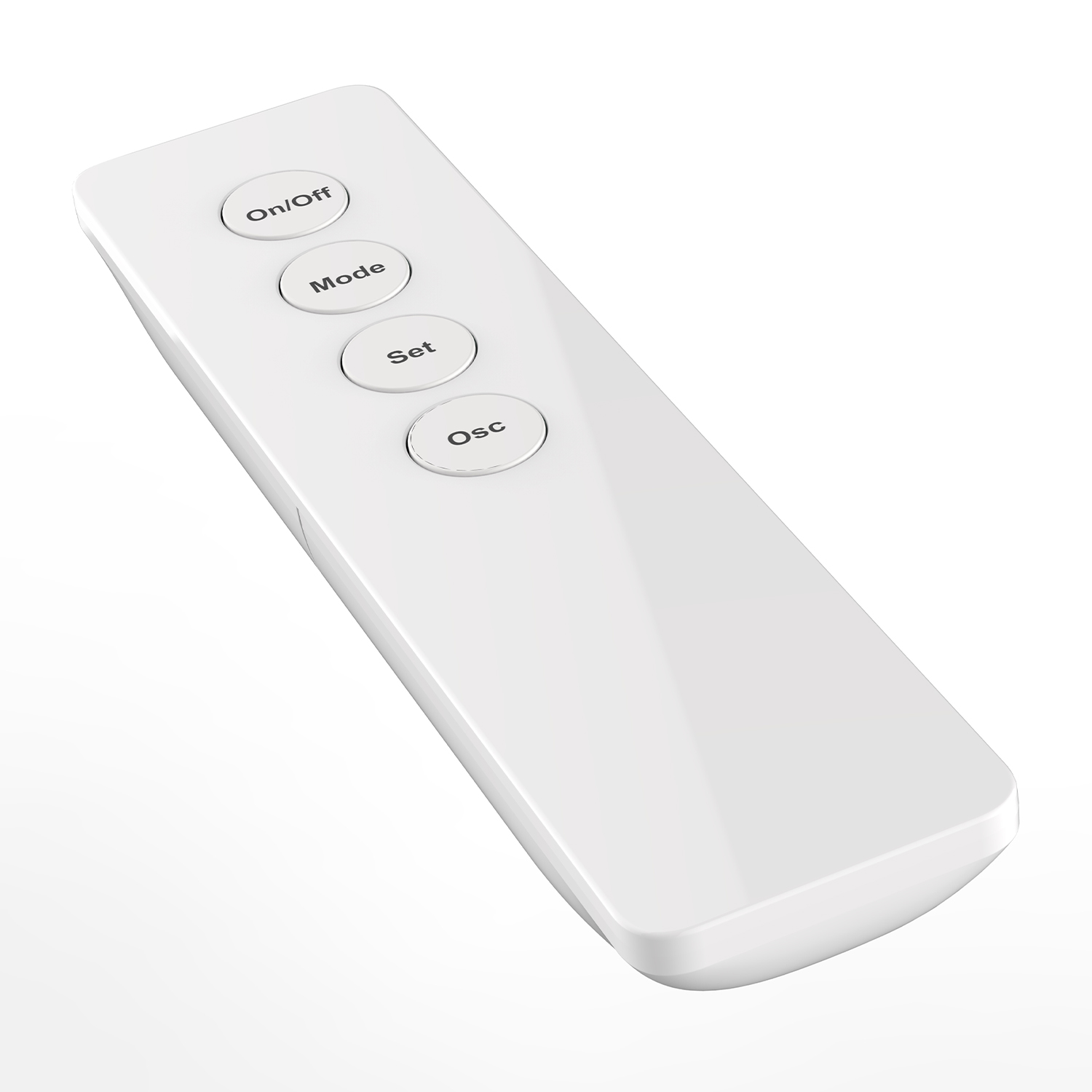 Telecomando bianco con quattro pulsanti: On/Off, Mode, Set e Osc. Pulsanti etichettati.