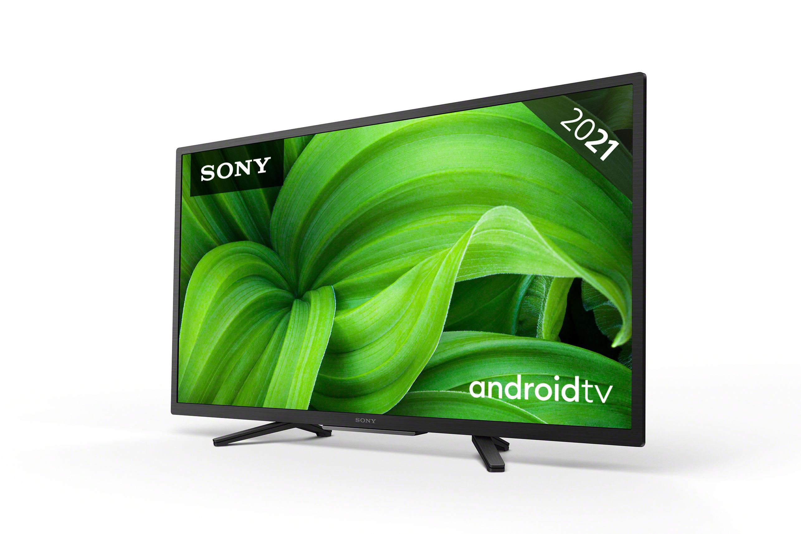 Schwarzer Sony Android TV mit grünen Blättern. Mit schwarzem Ständer und '2021'.