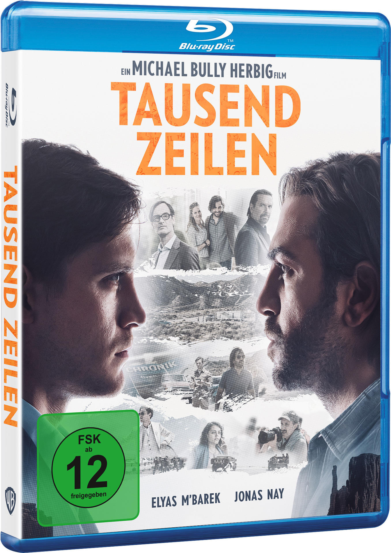 Filmcover von "Tausend Zeilen" mit zwei Gesichtern und einer blauen Blu-ray-Hülle.