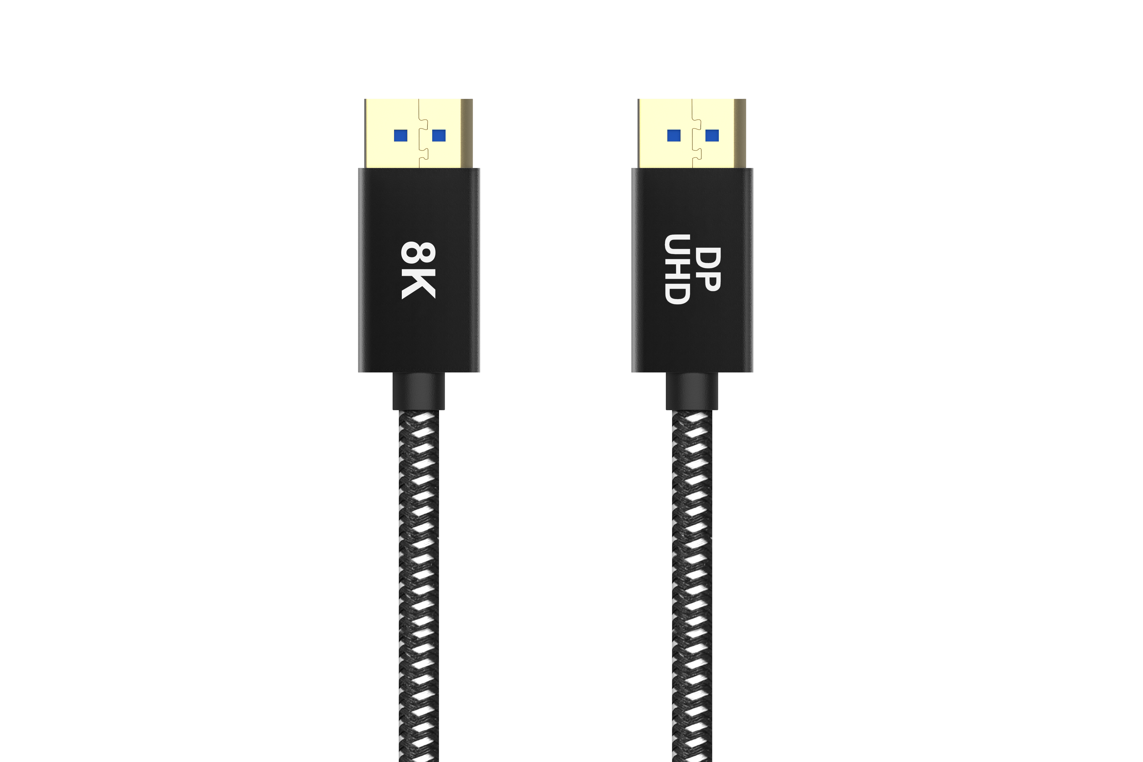 Zwei schwarz-weiße 8K- und DP UHD-Kabel mit blauen Steckern auf Schwarz.