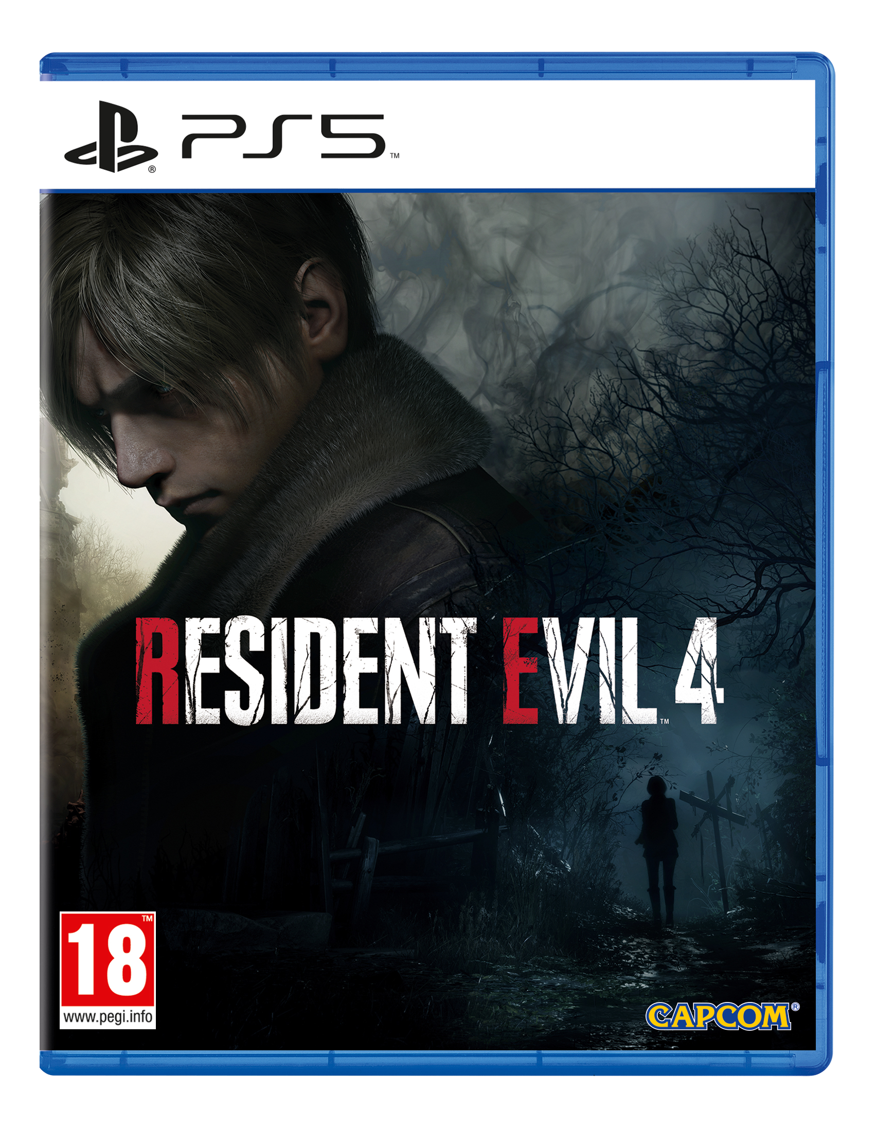 Pochette du jeu Resident Evil 4, logo PS5, homme en veste en cuir. 18+.