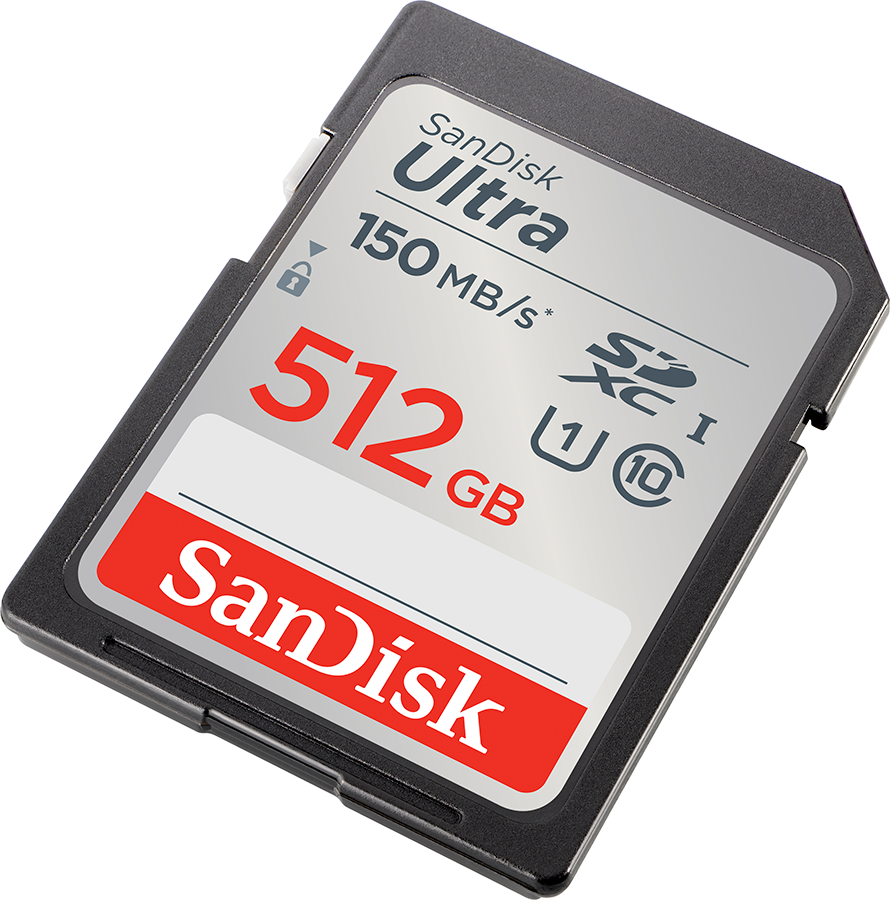 SanDisk Ultra 512GB SD card, angled view. Black with white and red labels.