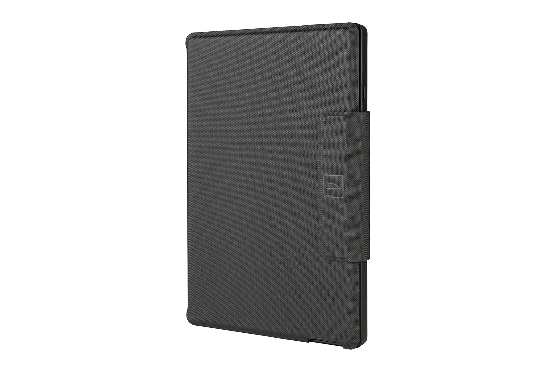 Eine schwarze Tablet-Hülle. Die Hülle ist mit einem Magnetverschluss auf der rechten Seite geschlossen.