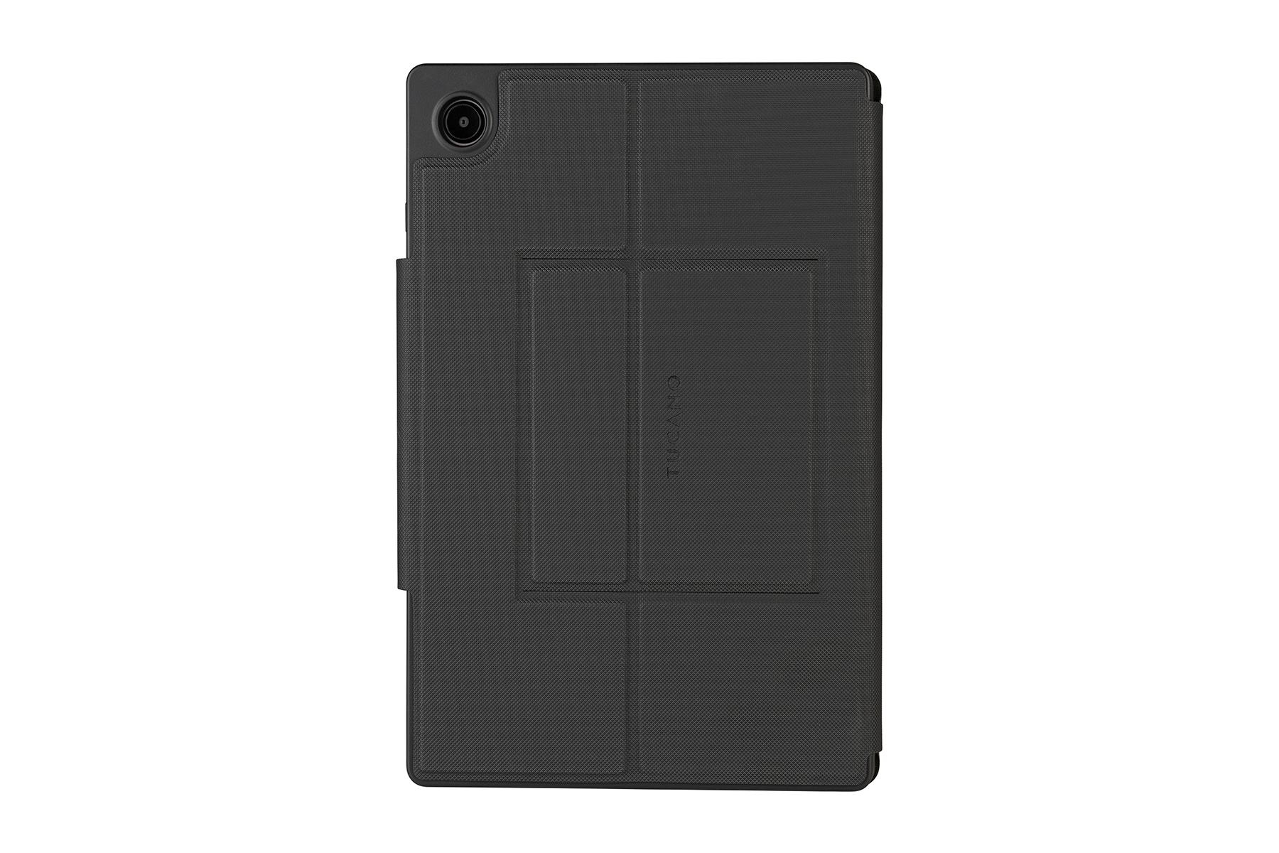 Schwarze Tablet-Hülle geöffnet, mit Ständer und Kamera-Loch. Strukturierte Oberfläche.