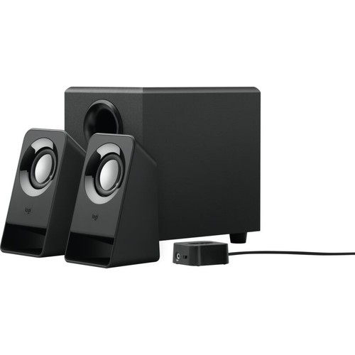 Siyah Logitech hoparlörler, bir subwoofer ve küçük bir kontrol modülü ile. Beyaz zemin.