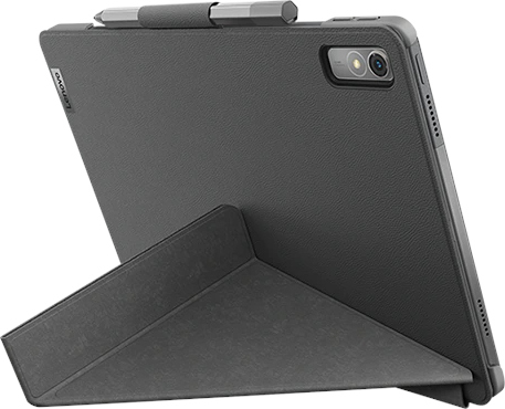 Une tablette grise avec une housse et un stylet. L'arrière montre une caméra et un support.