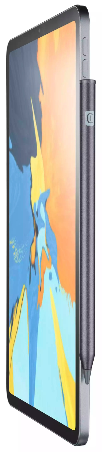 Tablette avec un stylet attaché sur le côté droit. L'écran affiche une image colorée.