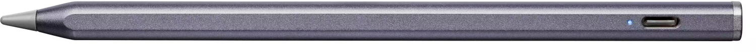 Un stylet gris avec un petit port USB et une lumière bleue.