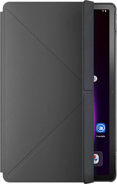 Tablette dans un étui gris foncé. L'étui est partiellement ouvert, révélant l'écran.
