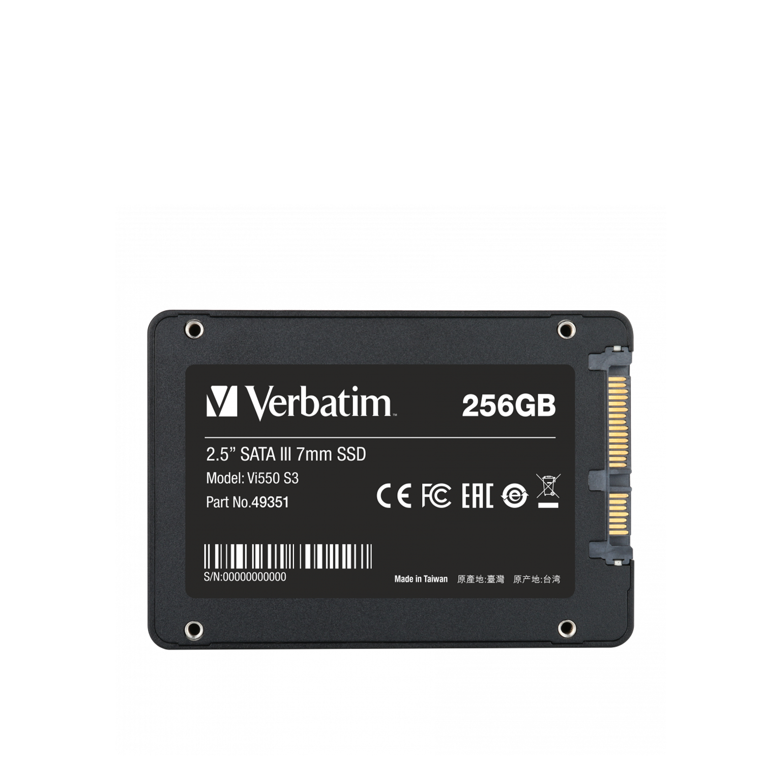 Etiketler, metin ve özelliklerle siyah Verbatim 256GB SSD. Beyaz arka plan.