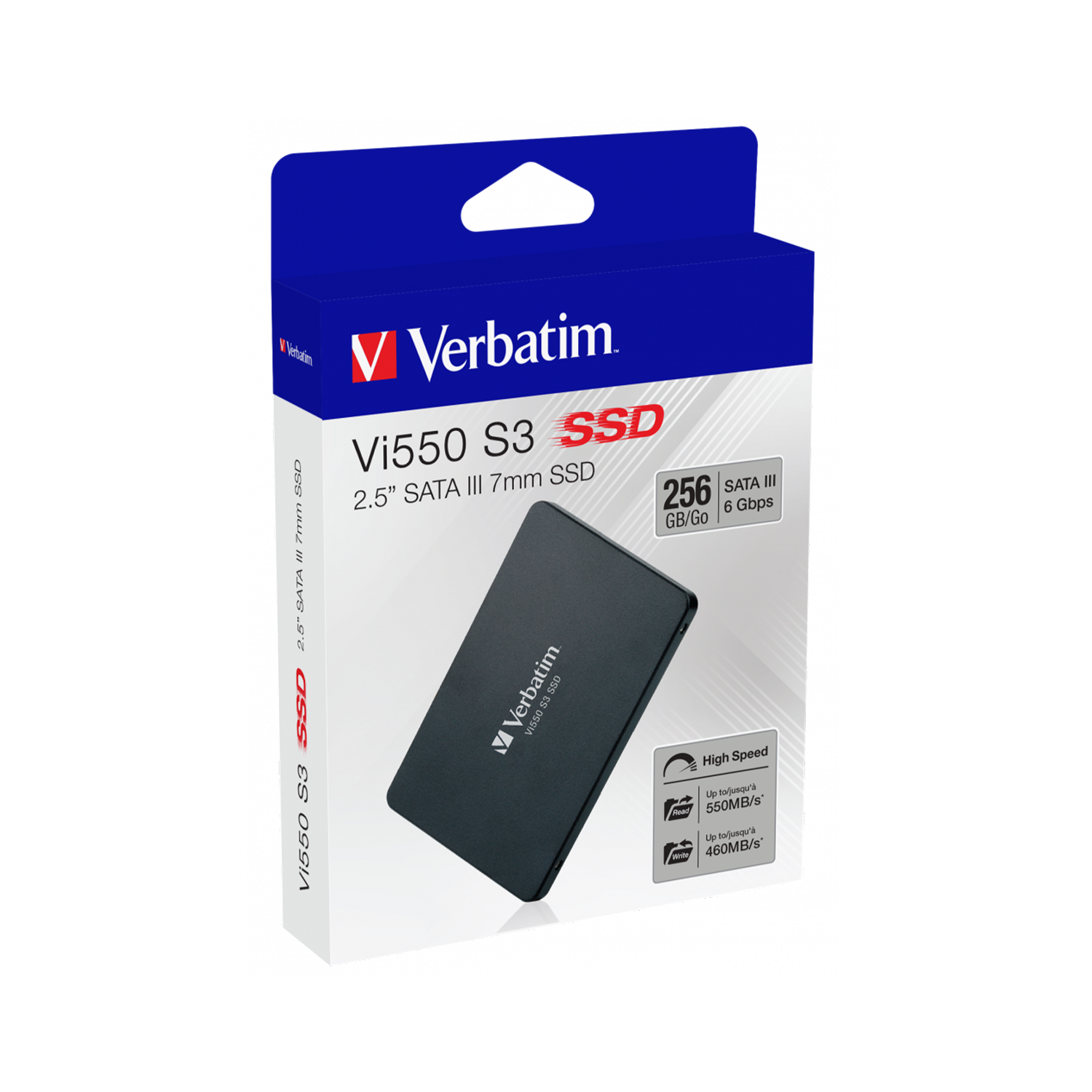 Görünür durumda bir SSD ile Verbatim Vi550 S3 SSD'nin kutusu.