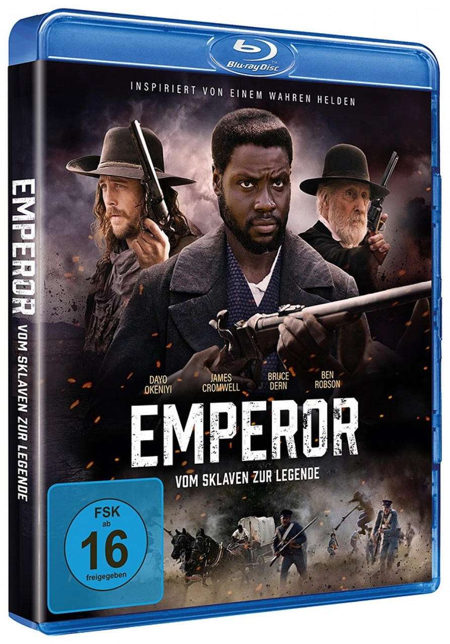 Filmcover zeigt einen Mann in einem schwarzen Mantel, zwei andere mit Waffen. Der Titel lautet 'EMPEROR'.