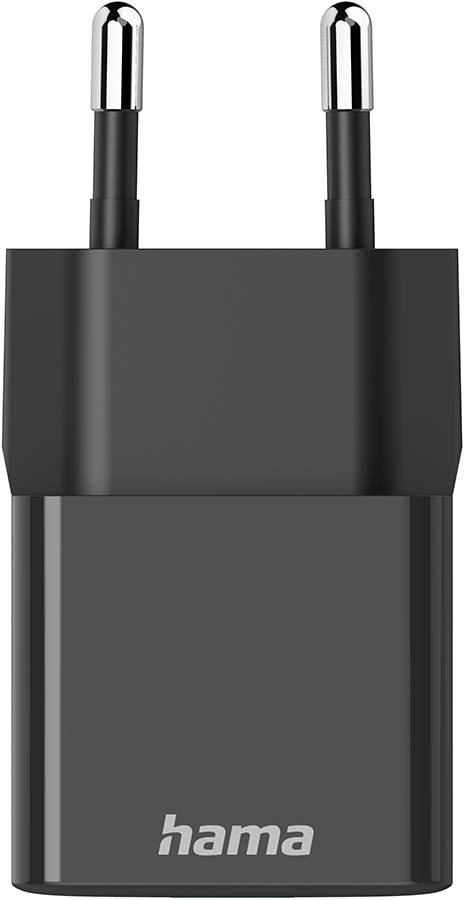 Close-up of a black Hama phone charger with two silver prongs. The brand name 'hama' is visible.
