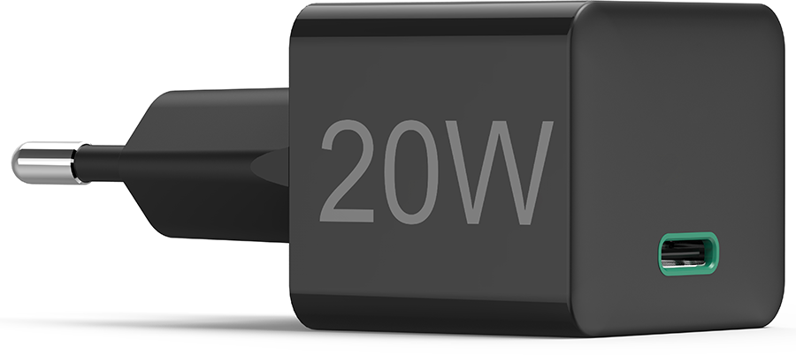 Black 20W wall charger with USB-C port. The charger has a black plug and a green port.