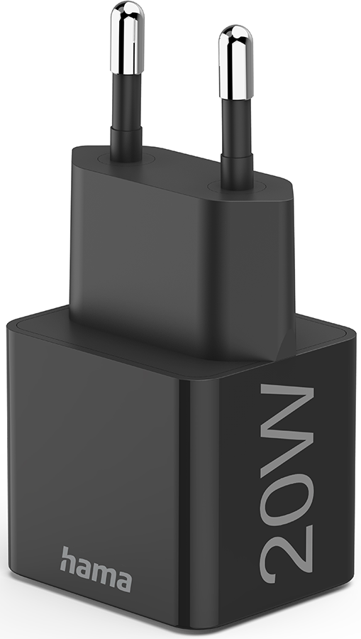 Black Hama 20W charger with two silver prongs, designed for European outlets.