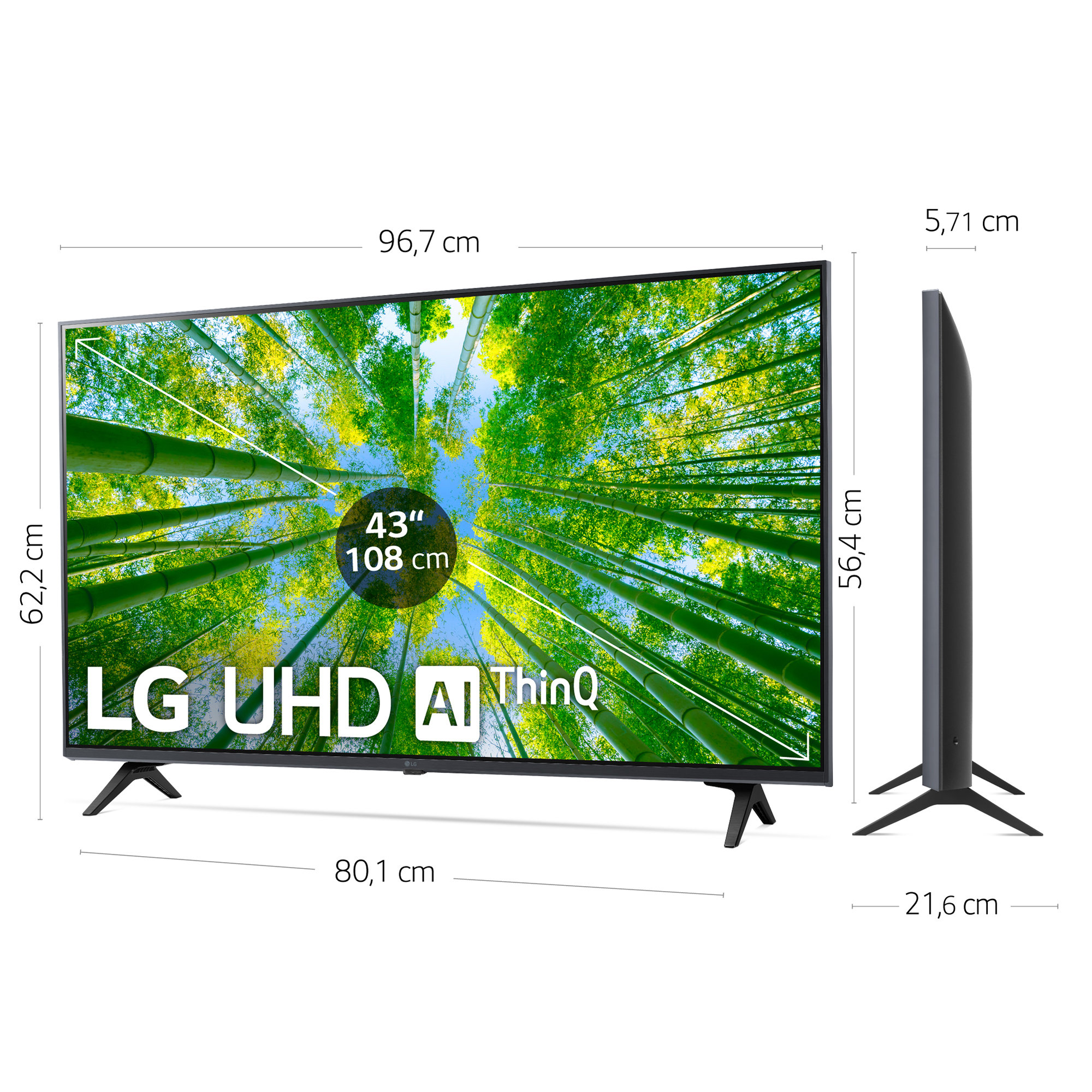 Televisor LG UHD AI ThinQ. Un televisor de 43 pulgadas con una escena de bosque de bambú, que muestra dimensiones y una vista lateral.