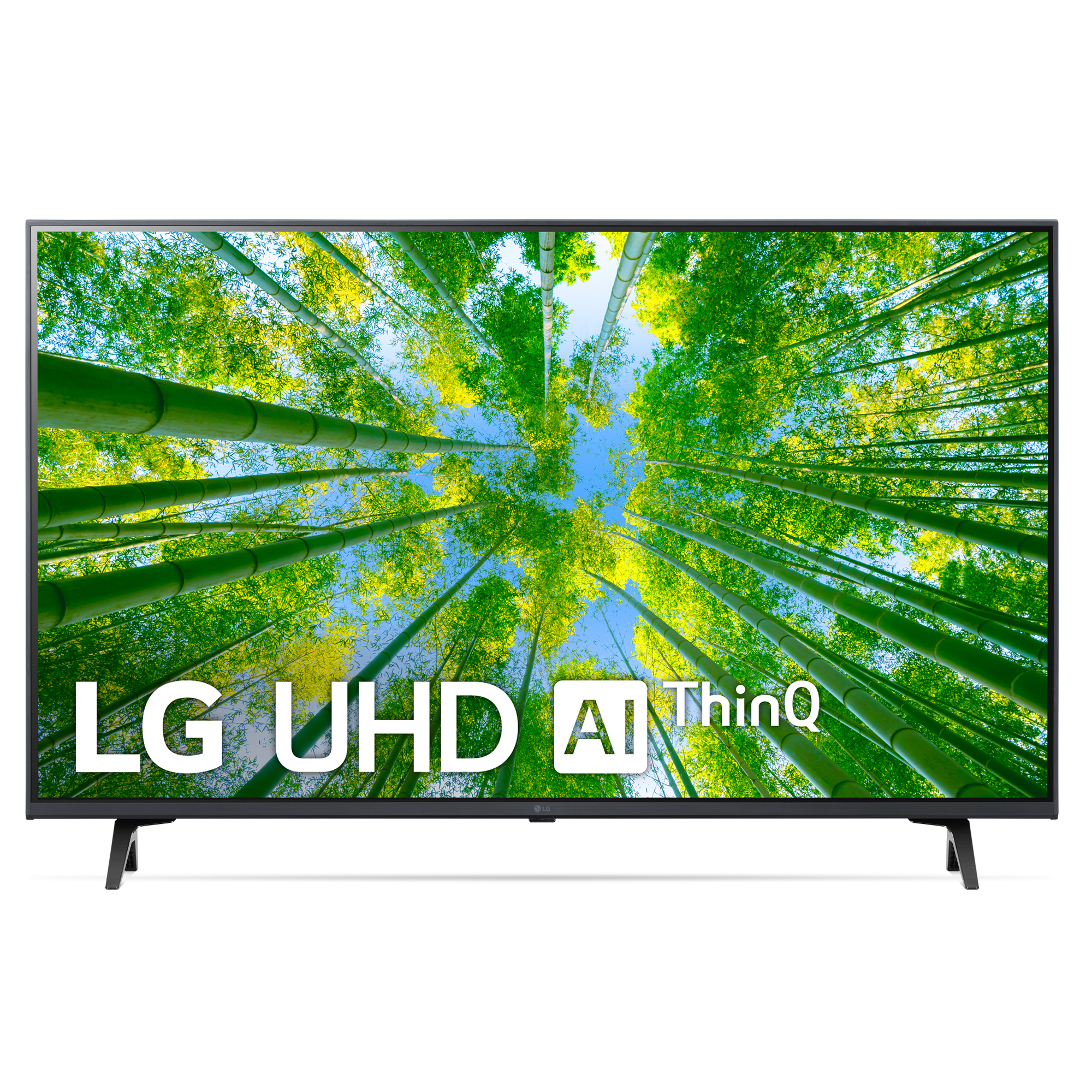 TV LG UHD con fondo de árboles verdes en la pantalla.