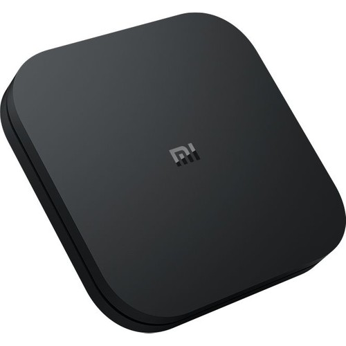 Xiaomi logosu üst yüzeyinde ortalanmış, siyah, kare şeklinde bir medya oynatıcı cihaz.