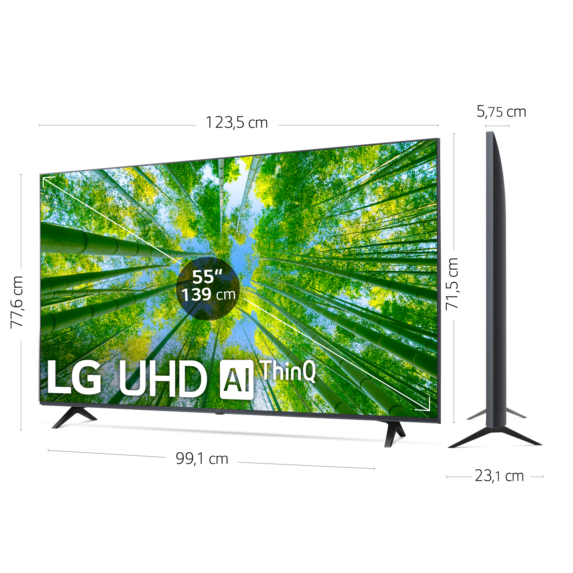 Un televisor LG de 55 pulgadas. Tiene dimensiones y muestra una imagen de bosque.
