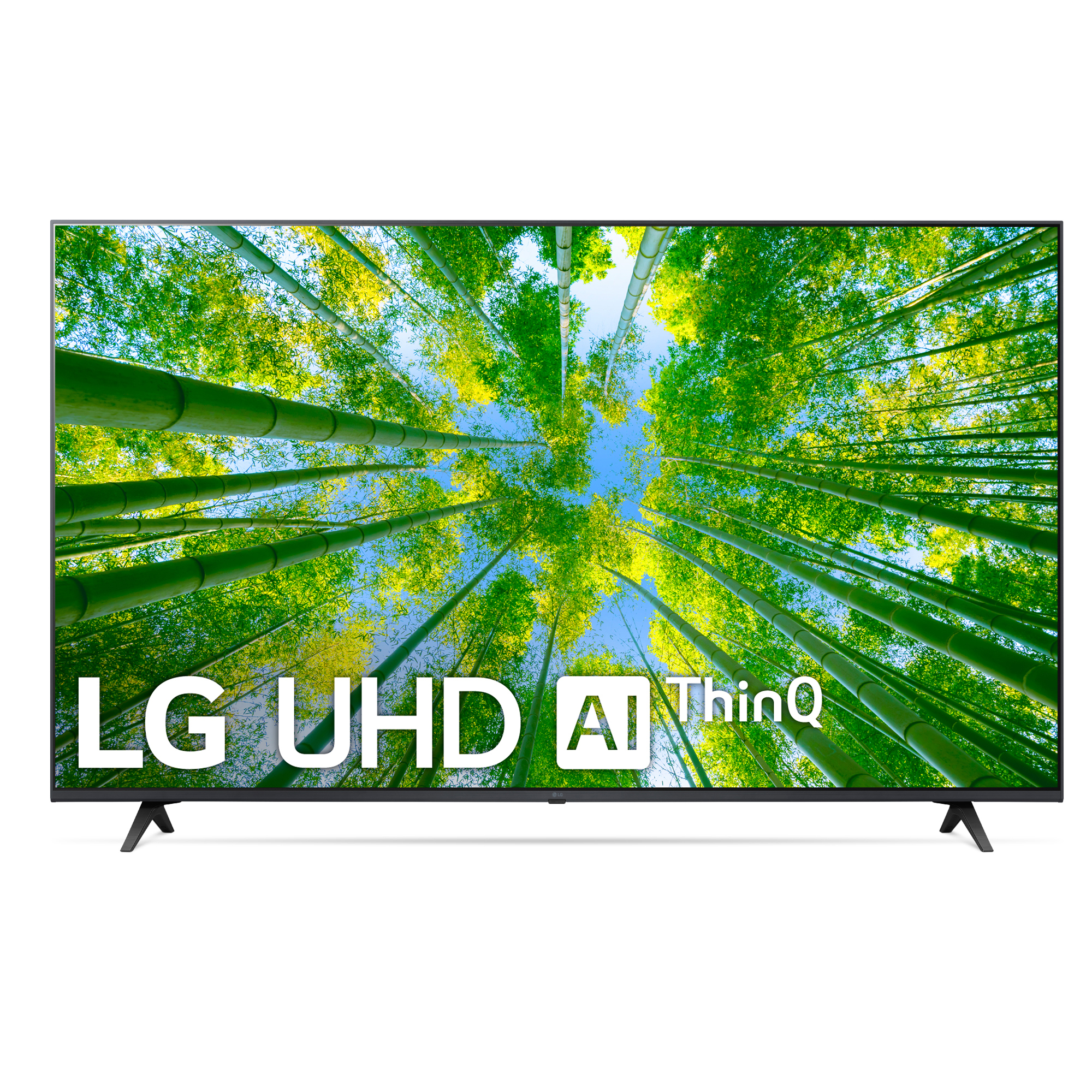 TV LG UHD AI ThinQ muestra un bosque de bambú en pantalla, logo abajo.
