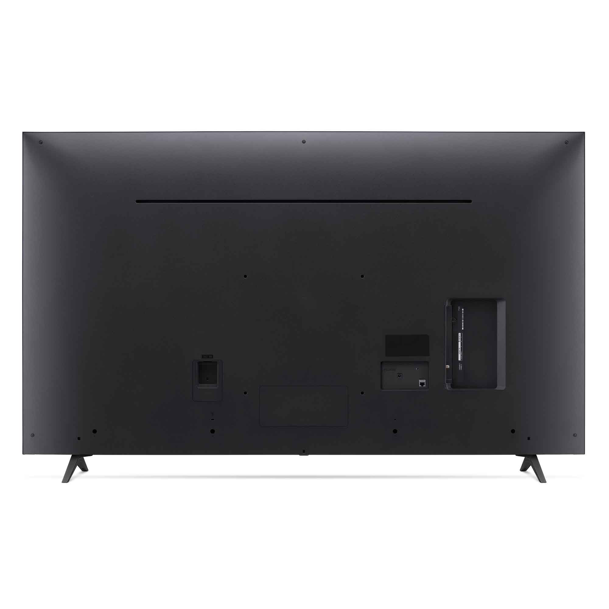 Un televisor negro grande con patas, conectores en la parte trasera y fondo negro.