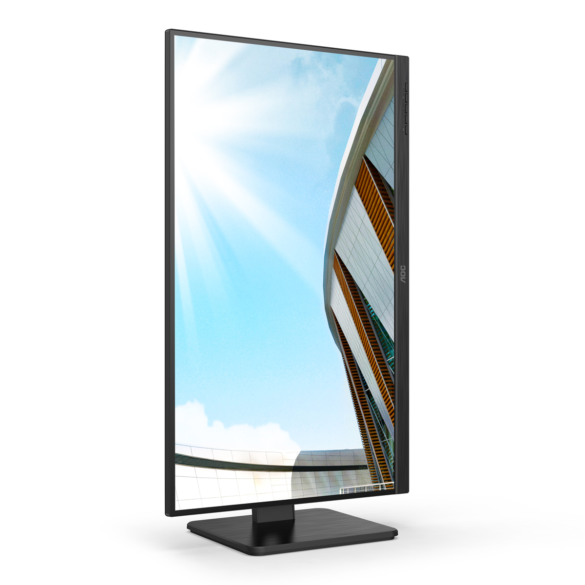 Monitor AOC con cielo brillante y edificio moderno reflejado.