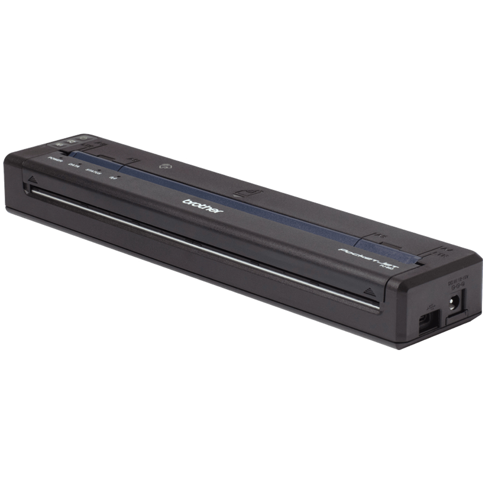 Una impresora Brother PocketJet negra. Tiene botones y puertos en los lados. La franja azul recorre la parte superior.