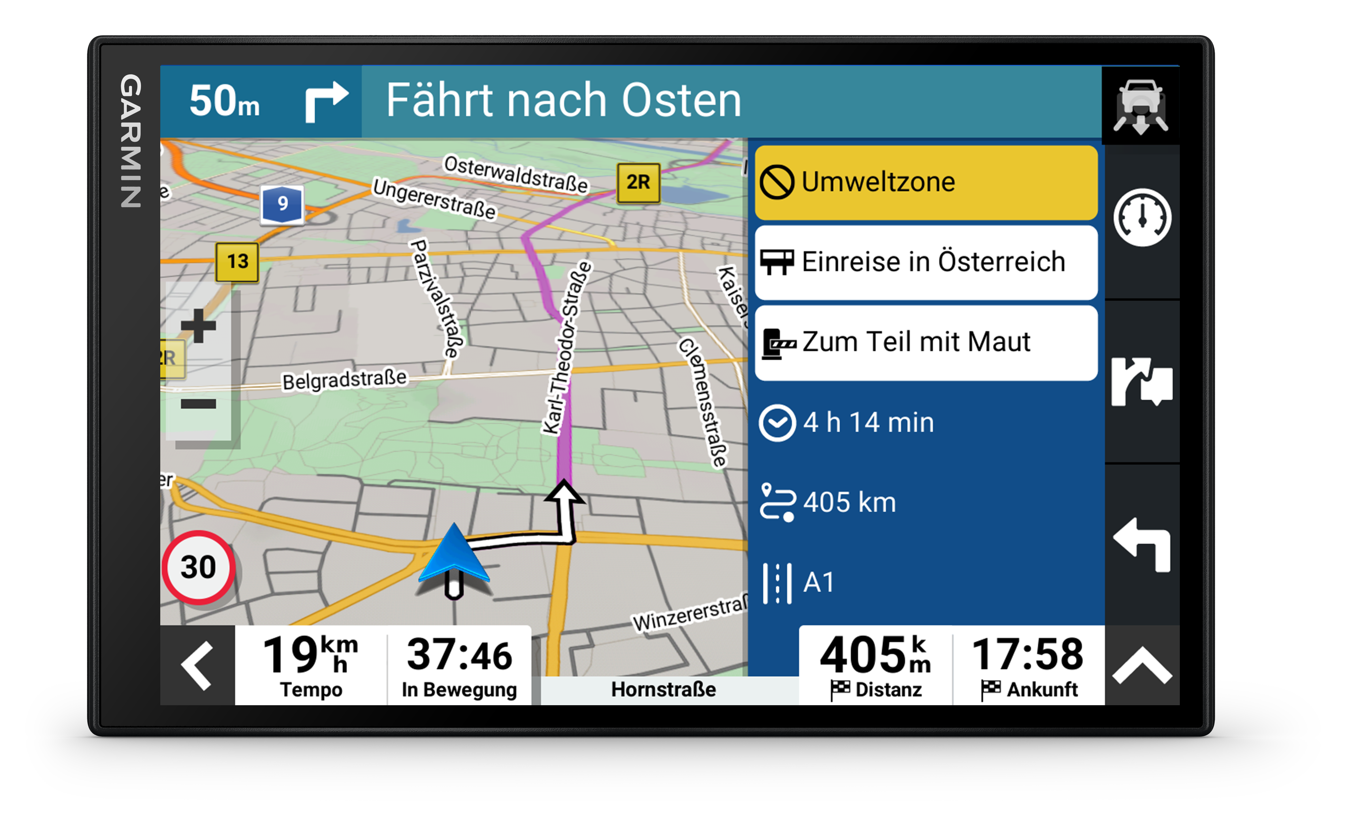 GPS-Bildschirm zeigt Navigation: Richtung Osten, 4h 14min Reisezeit, 405km Entfernung und A1-Autobahn.