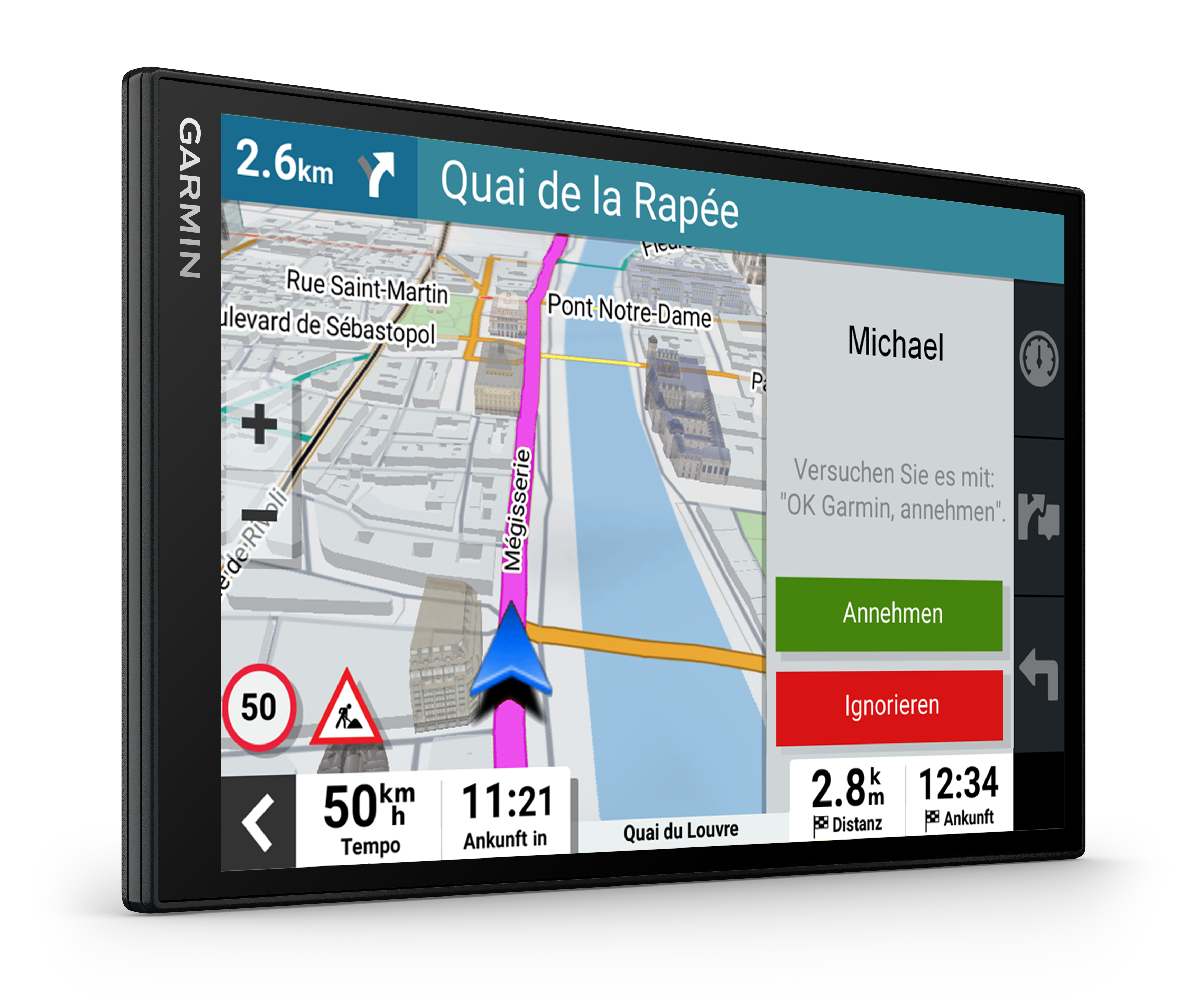 Ein GPS-Navigationsgerät, das eine Stadtkarte mit hervorgehobener Route und einem Bildschirmmenü anzeigt.