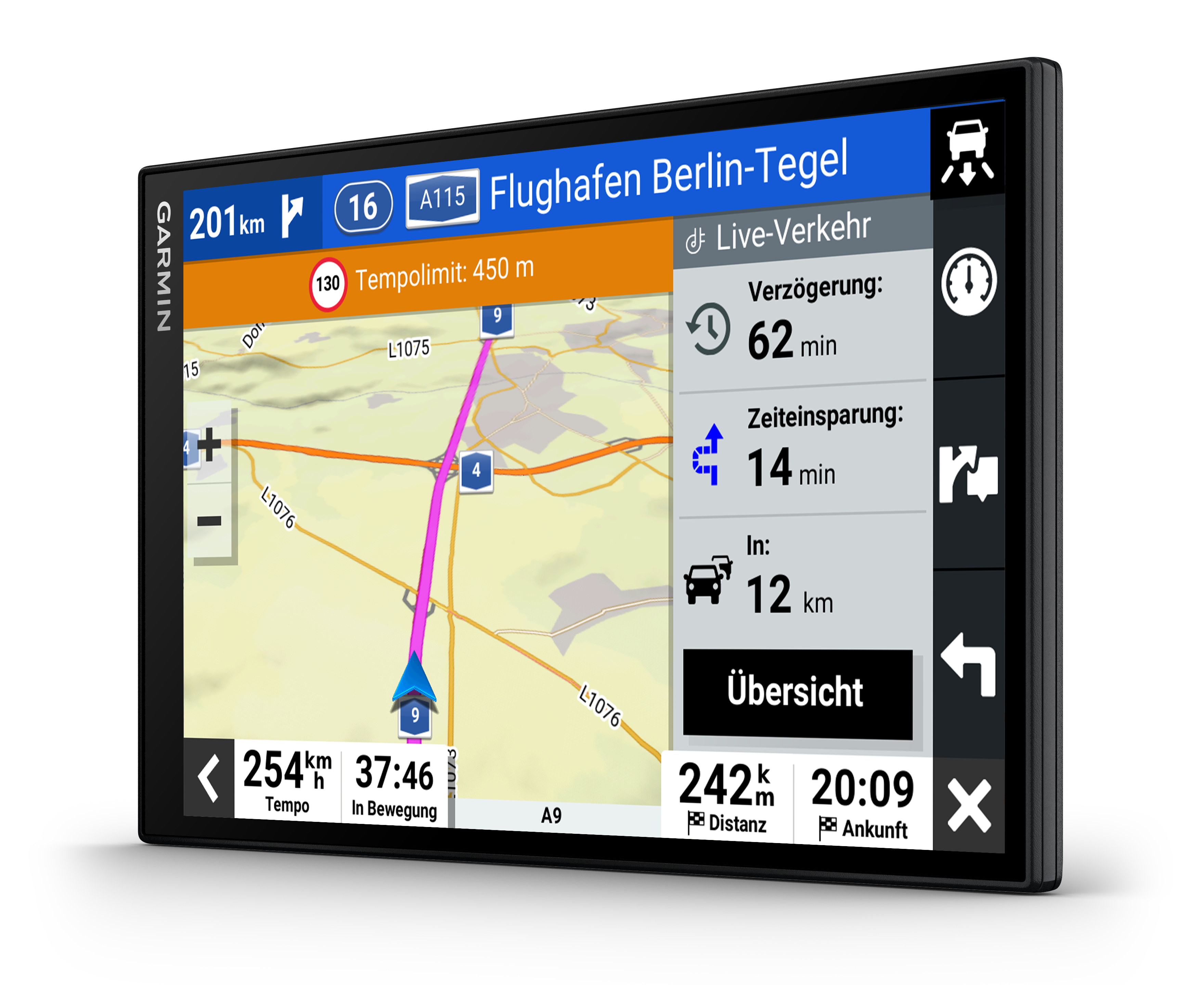 Navigationsbildschirm mit Karte und Routeninformationen mit deutschem Text.
