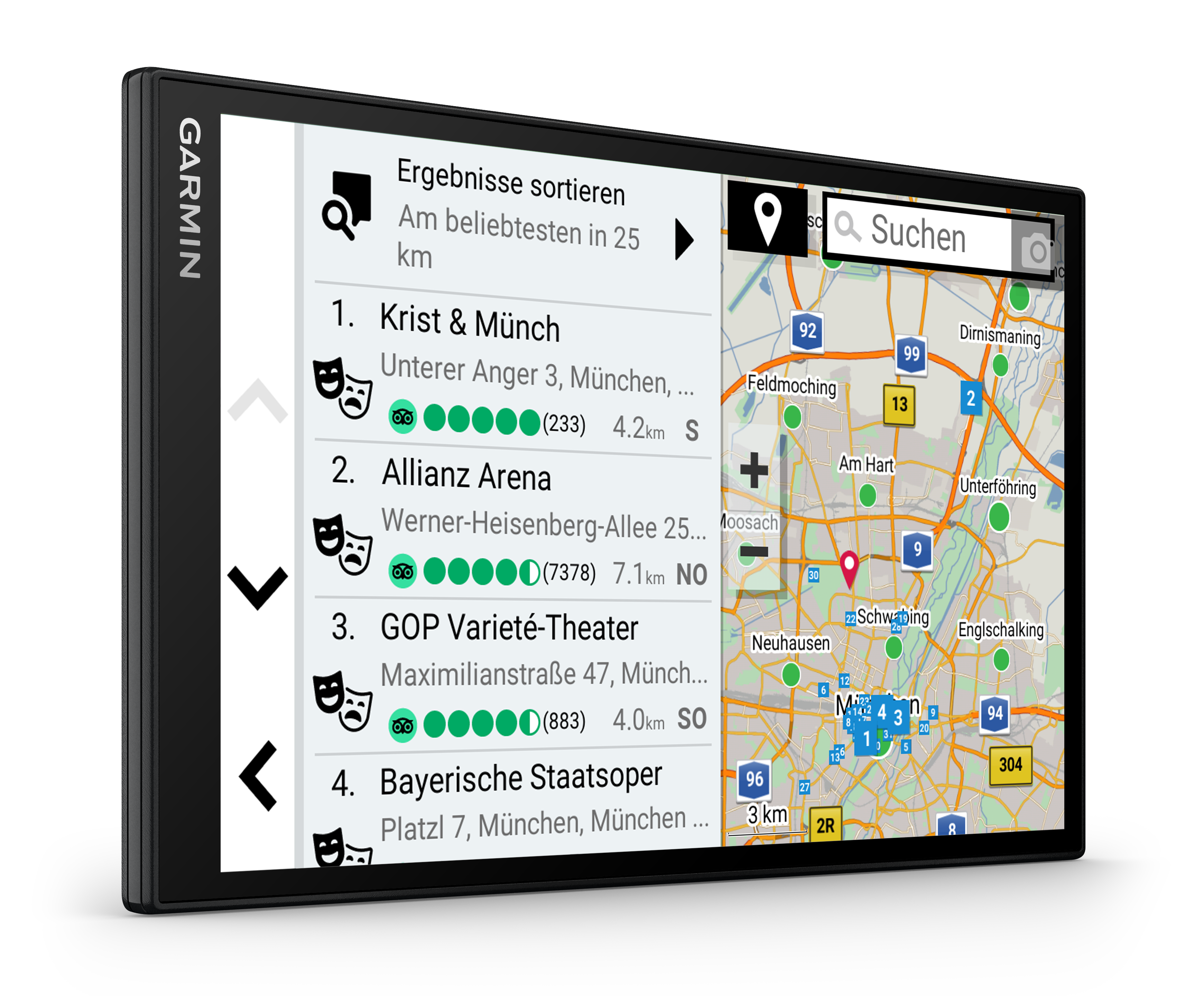 Ein Garmin-Gerät, das eine Karte mit Suchergebnissen anzeigt.