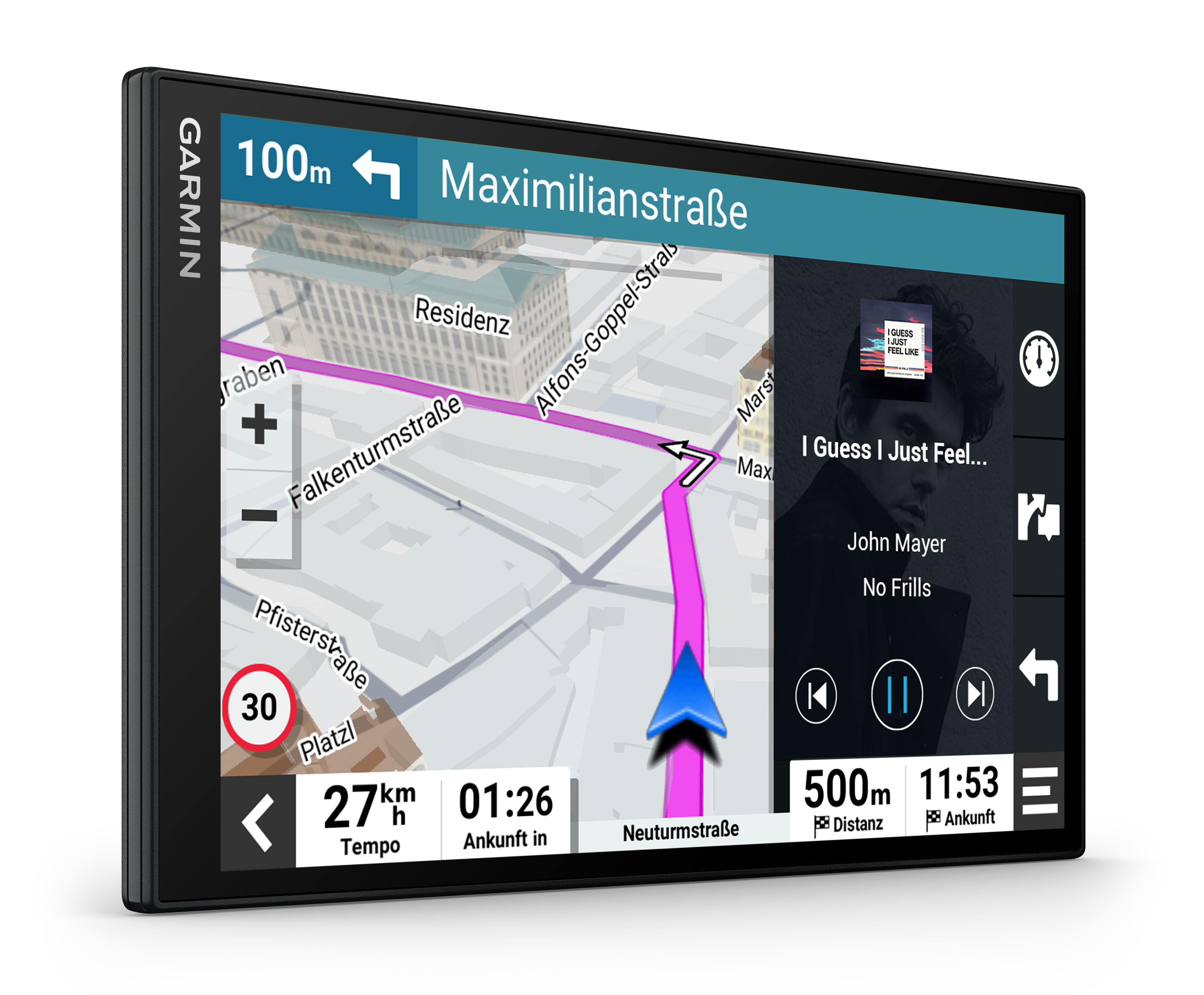 Ein Auto-GPS zeigt eine Karte mit einer Route und einen Musik-Player.