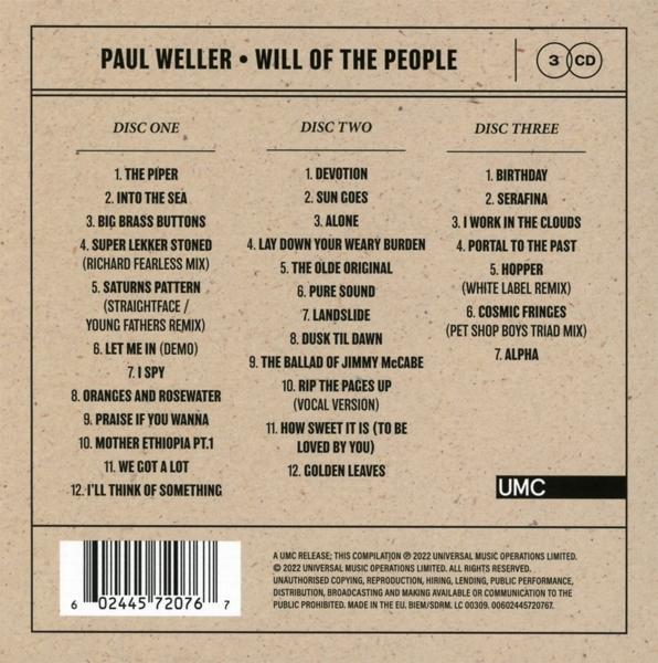 Albumcover mit Titellisten von Paul Weller. Enthält Titel und ein CD-Label-Logo.