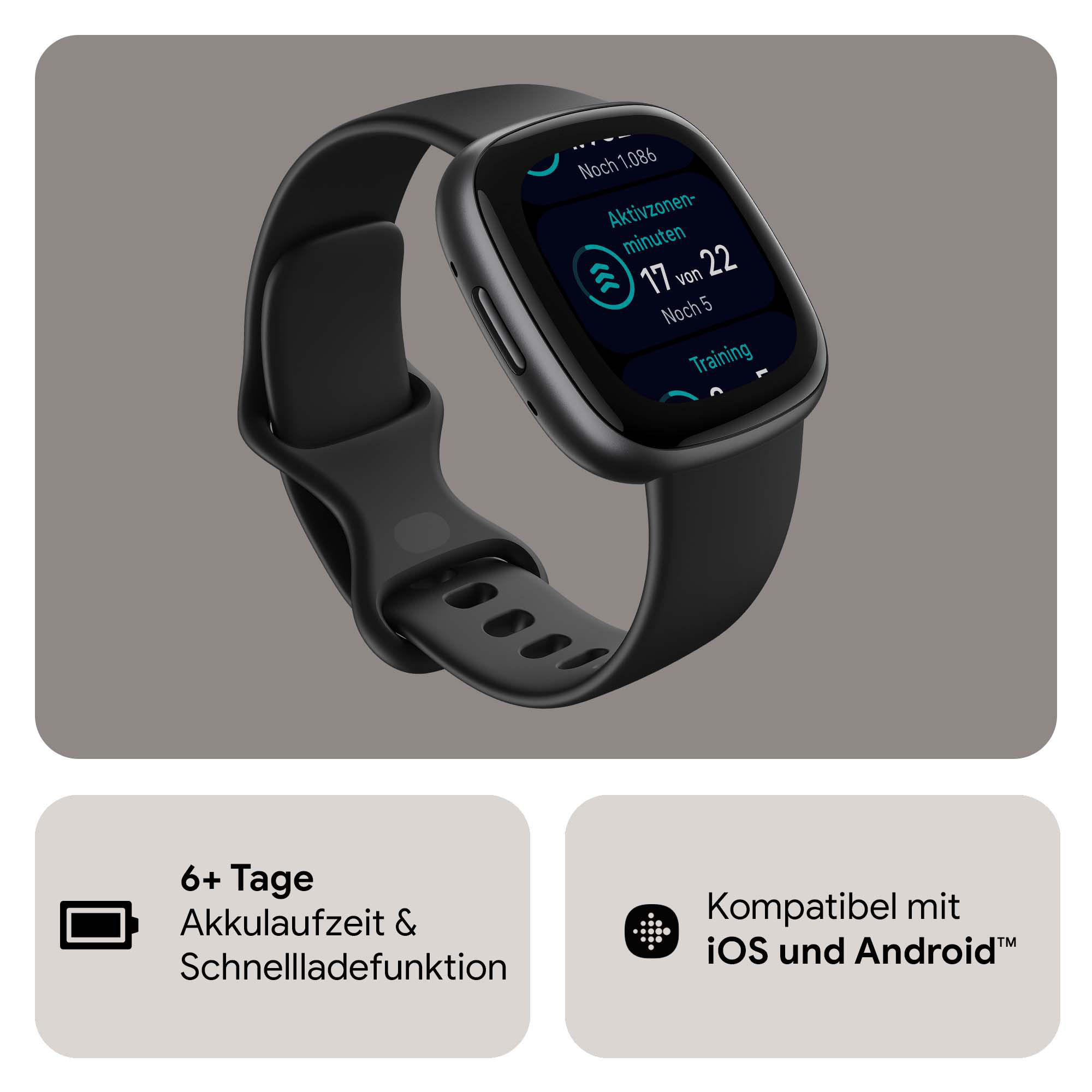 Schwarze Smartwatch, die Aktivitätsminuten anzeigt, mit einem einfachen weißen Hintergrund.