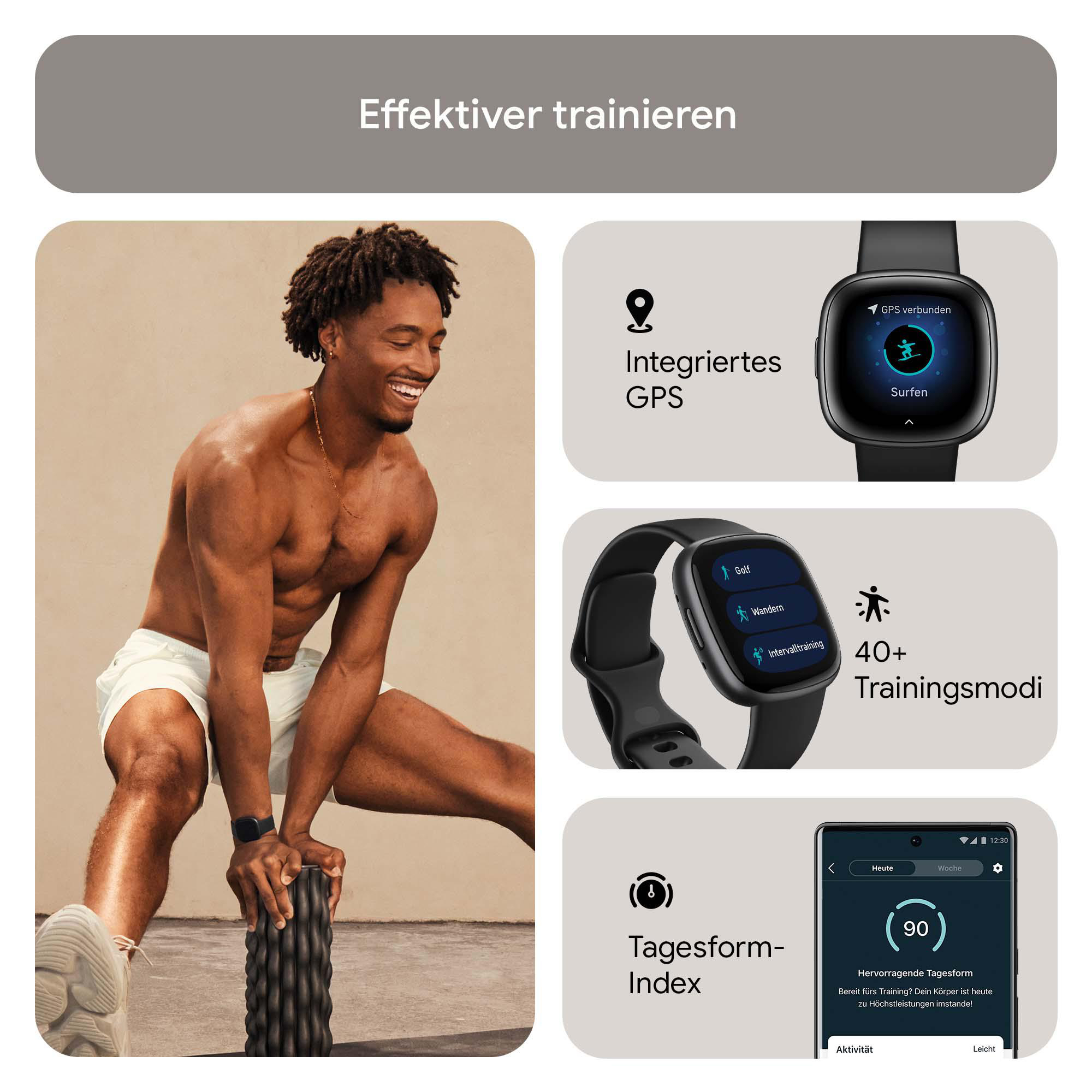 Mann trainiert mit Smartwatch, Handy. Fitness-Tracking mit Trainingsmodi und Tagesindex.