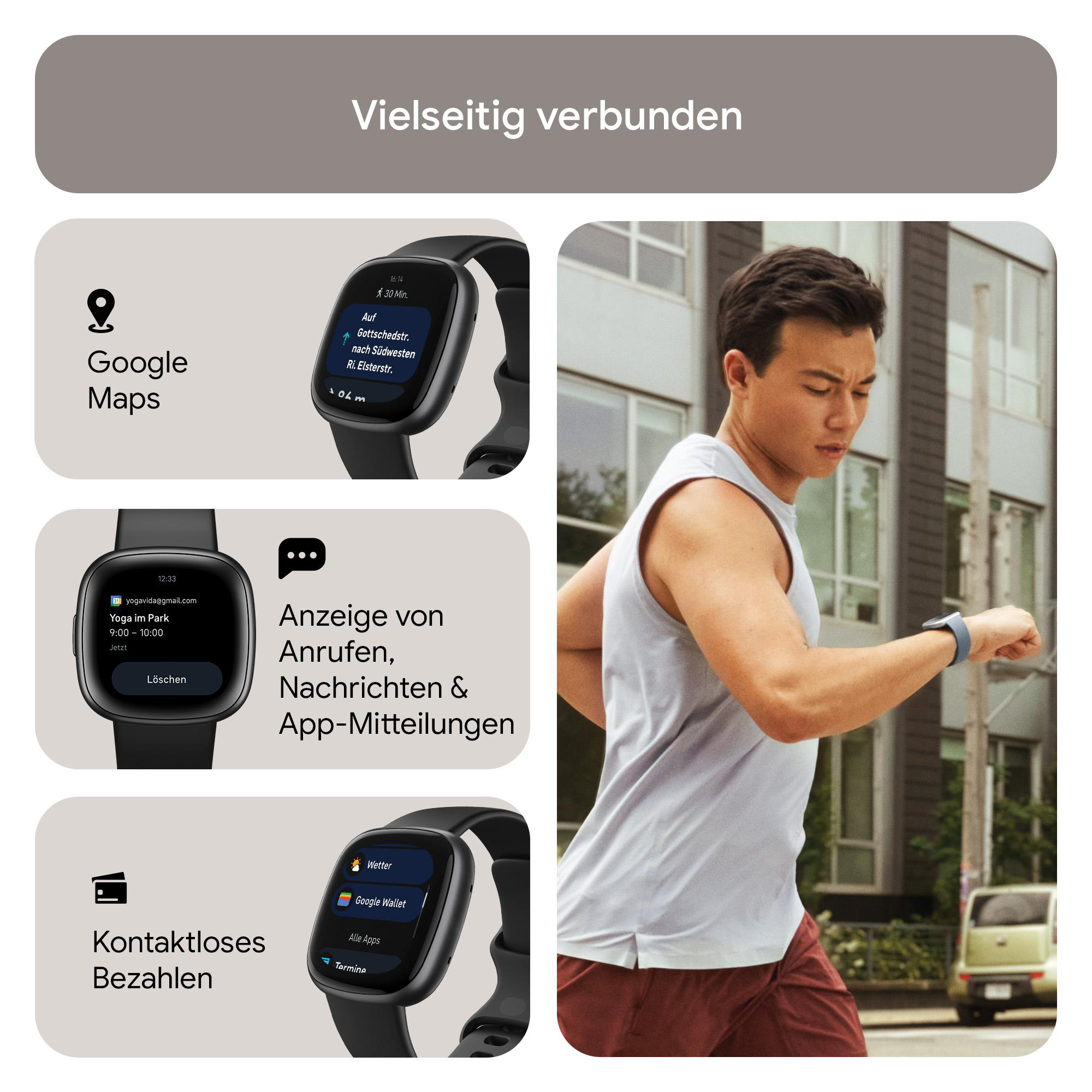 Eine Person, die mit einer Smartwatch läuft, die verschiedene Apps und Funktionen zeigt.