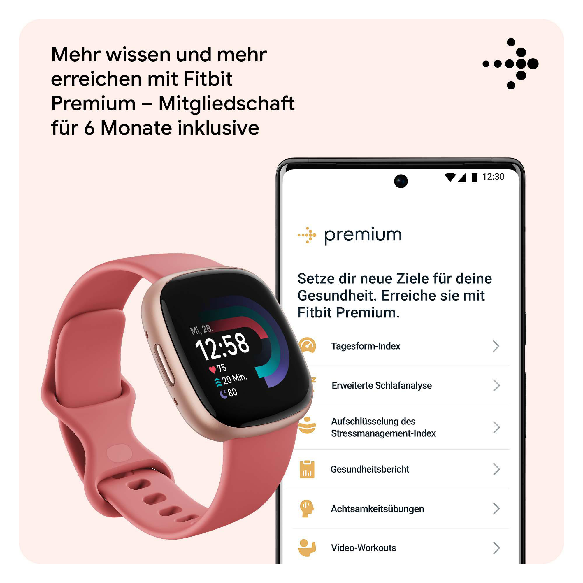 Eine pinkfarbene Smartwatch am Handgelenk, neben einem Telefon, das eine Gesundheits-App-Oberfläche zeigt.