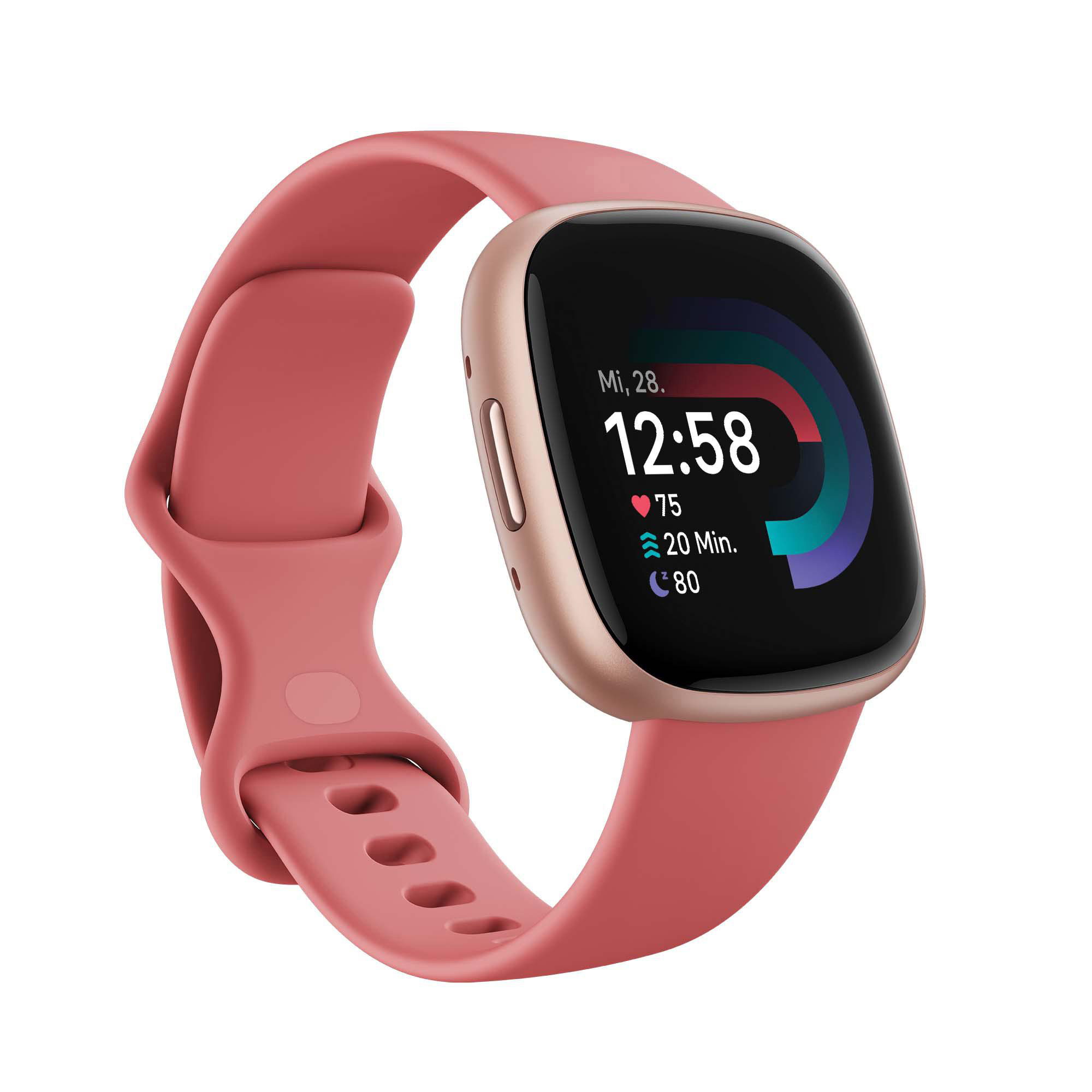 Rosafarbene Smartwatch mit schwarzem Bildschirm. Rosa Armband.