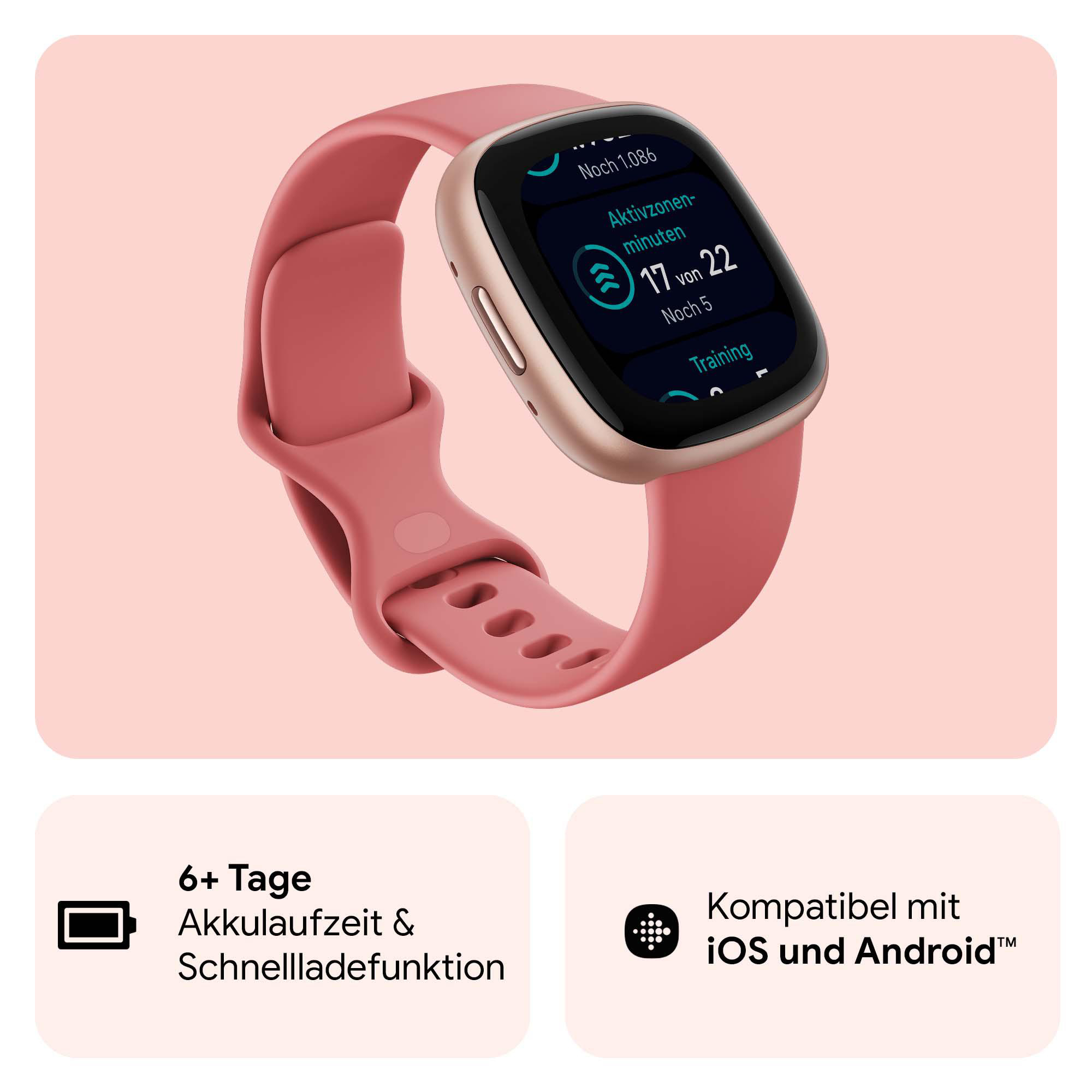 Eine pinkfarbene Smartwatch mit einem Bildschirm, der Aktivitätsminuten anzeigt, und einem pinkfarbenen Armband.